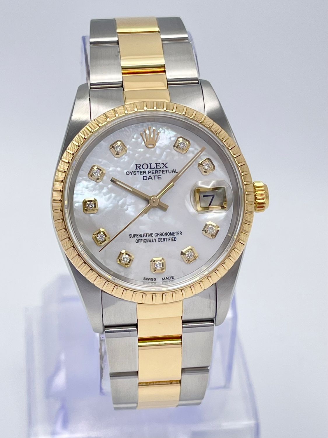 Rolex Datejust 34mm 15223 Pearl MOP Diamond Dial 18ct Two Tone Gold Box