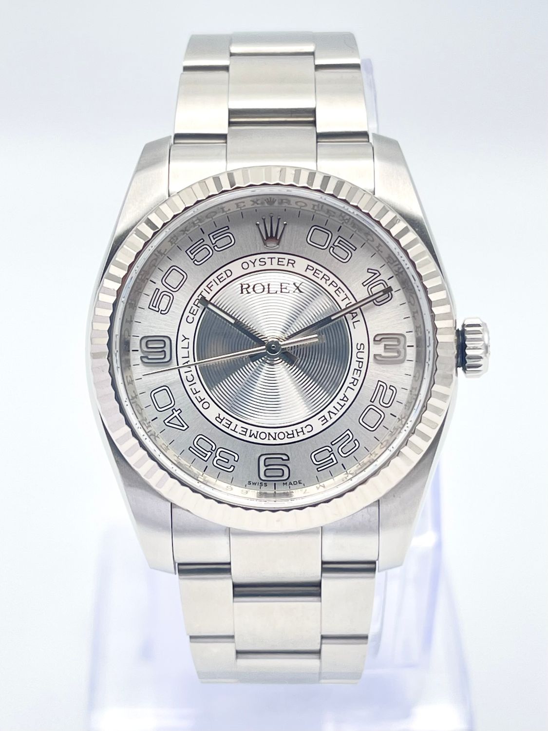 Rolex Oyster Perpetual 116034 36mm Steel Concentric Silver Dial White Gold Bezel