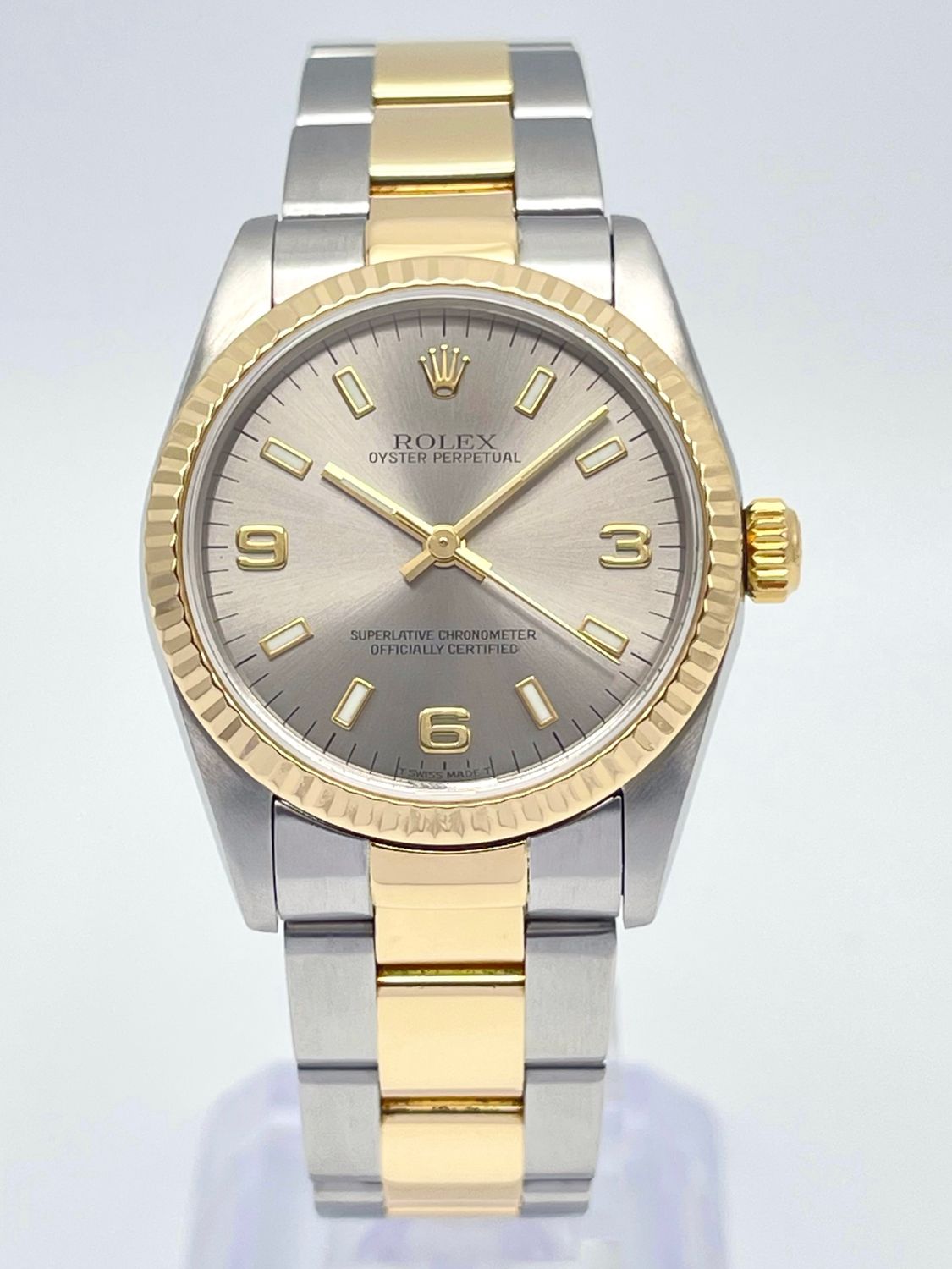 Rolex Oyster Perpetual 31mm 77513 Grey Slate Dial Fluted 18ct Yellow Gold