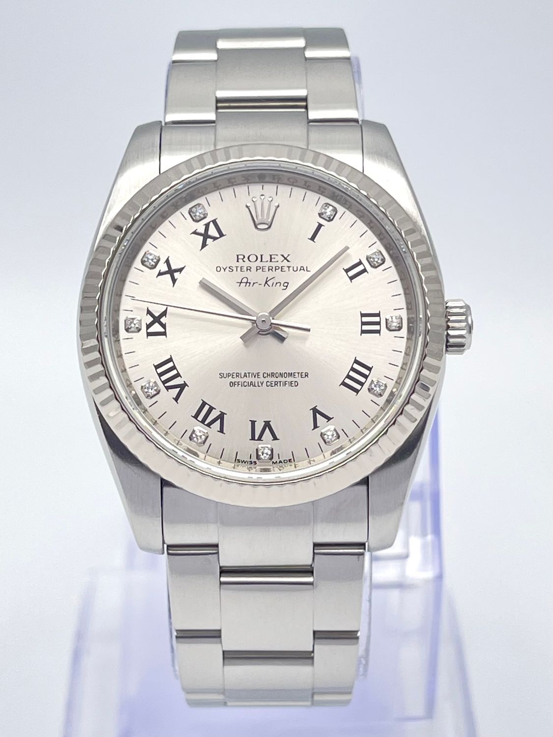 Rolex Air-King 114234 OP 34mm Silver Diamond Dial White Gold Bezel Fluted Roman