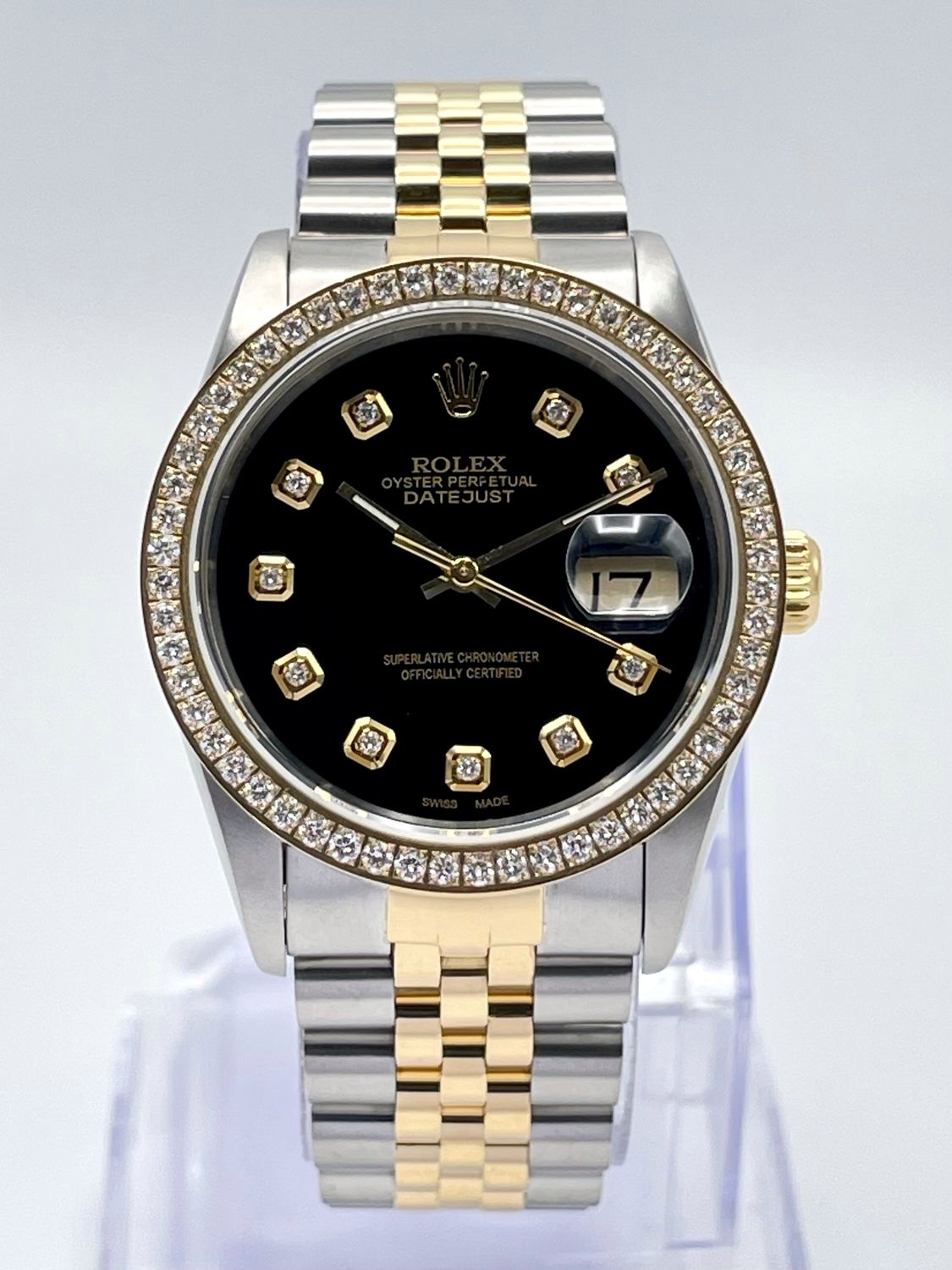 Rolex Datejust 16233 36mm Black Diamond Dial Diamond Bezel Jubilee Two Tone