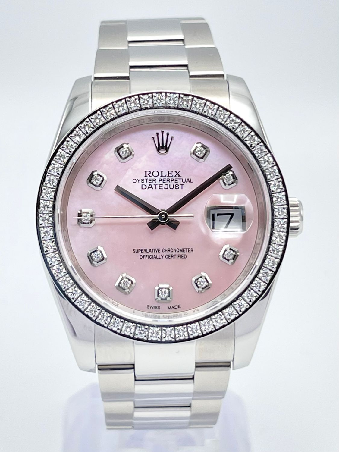 Rolex Datejust 116200 36mm Pink MOP Diamond Dial &amp; Diamond Bezel Oyster Papers