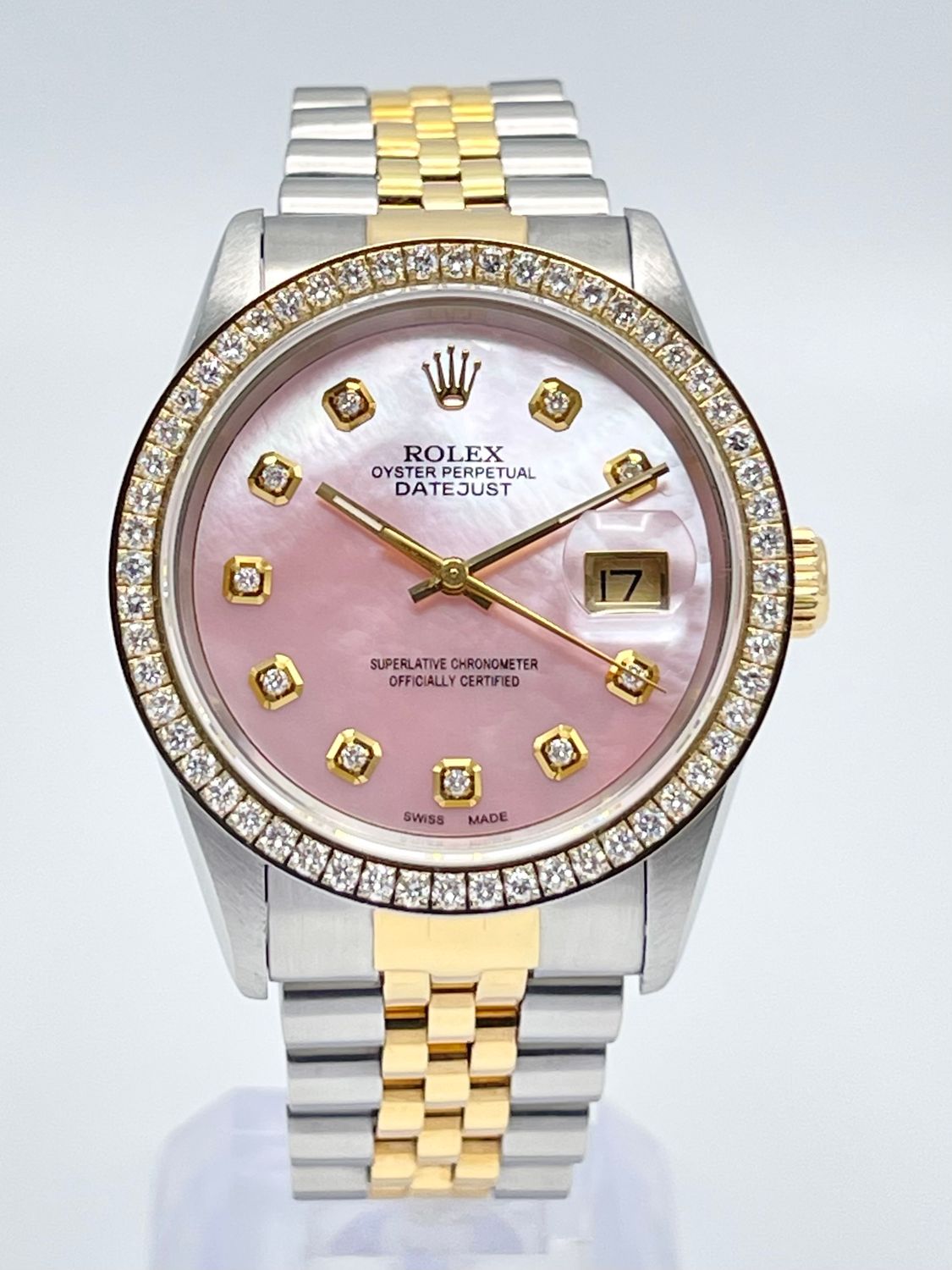 Rolex Datejust 16233 36mm Pink MOP Diamond Dial Diamond Bezel Jubilee Papers