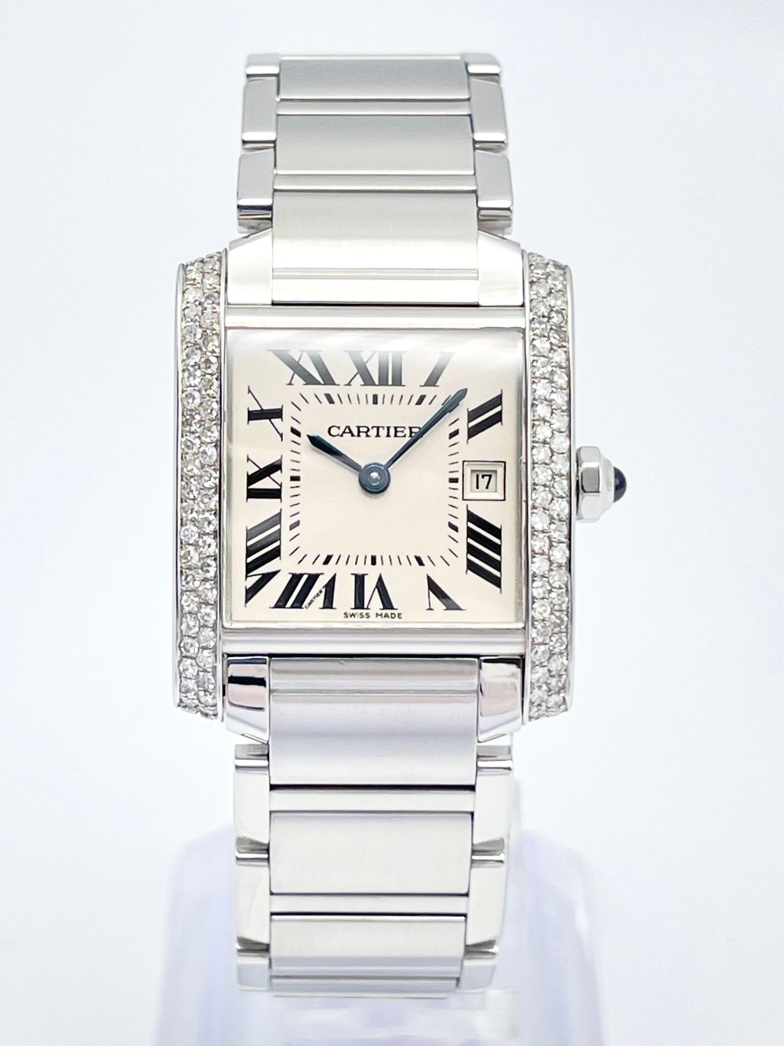 Cartier Tank Francaise 2465 25mm Diamond Shoulders Quartz Silver Dial Steel
