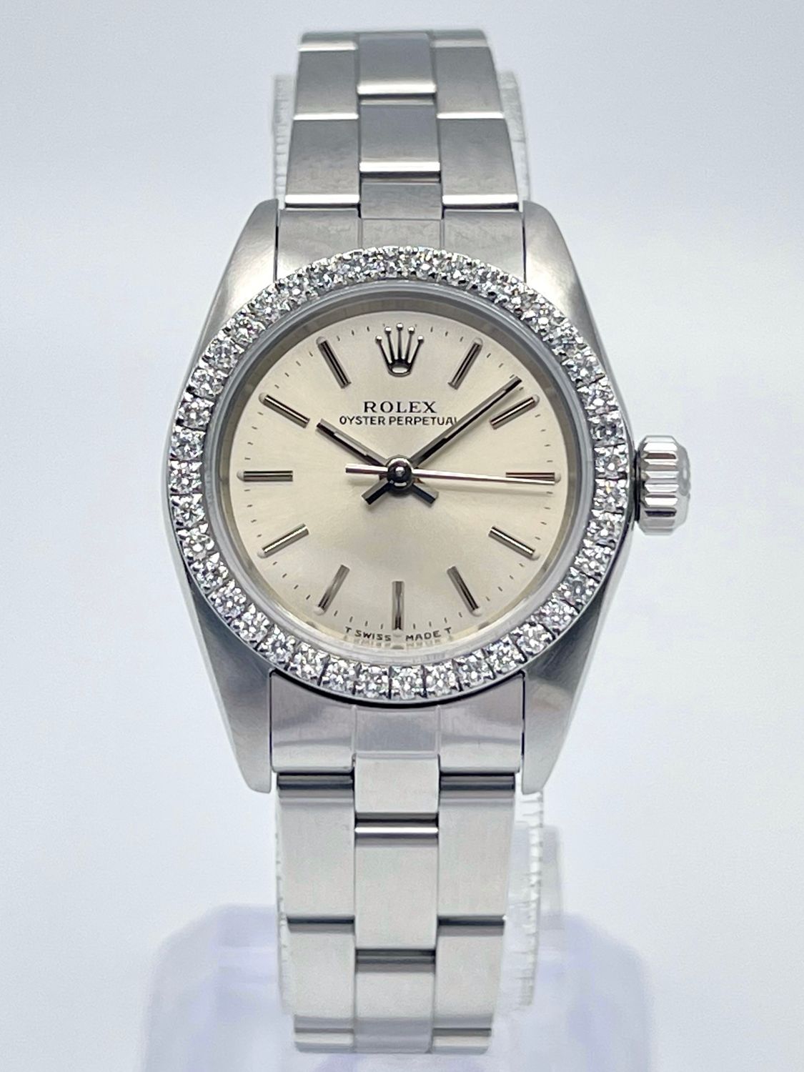 Rolex Oyster Perpetual 67180 24mm Silver Dial Diamond Bezel Box Watch Papers