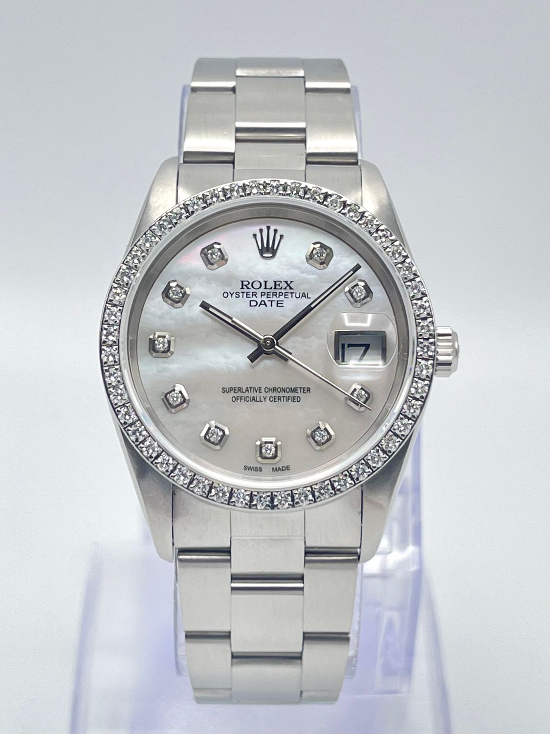 Rolex Datejust 15200 34mm MOP Mother Of Pearl Dial Diamond Bezel Green Papers