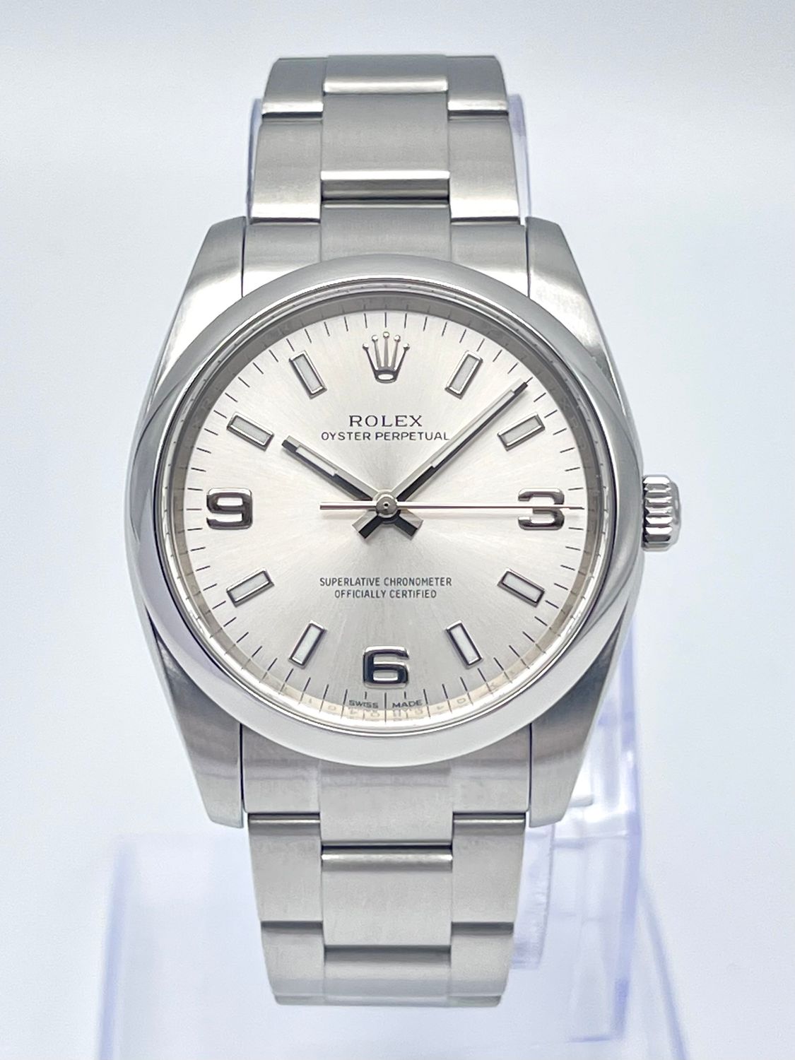 Rolex Oyster Perpetual 114200 34mm Silver Dial Silver Smooth Bezel Papers