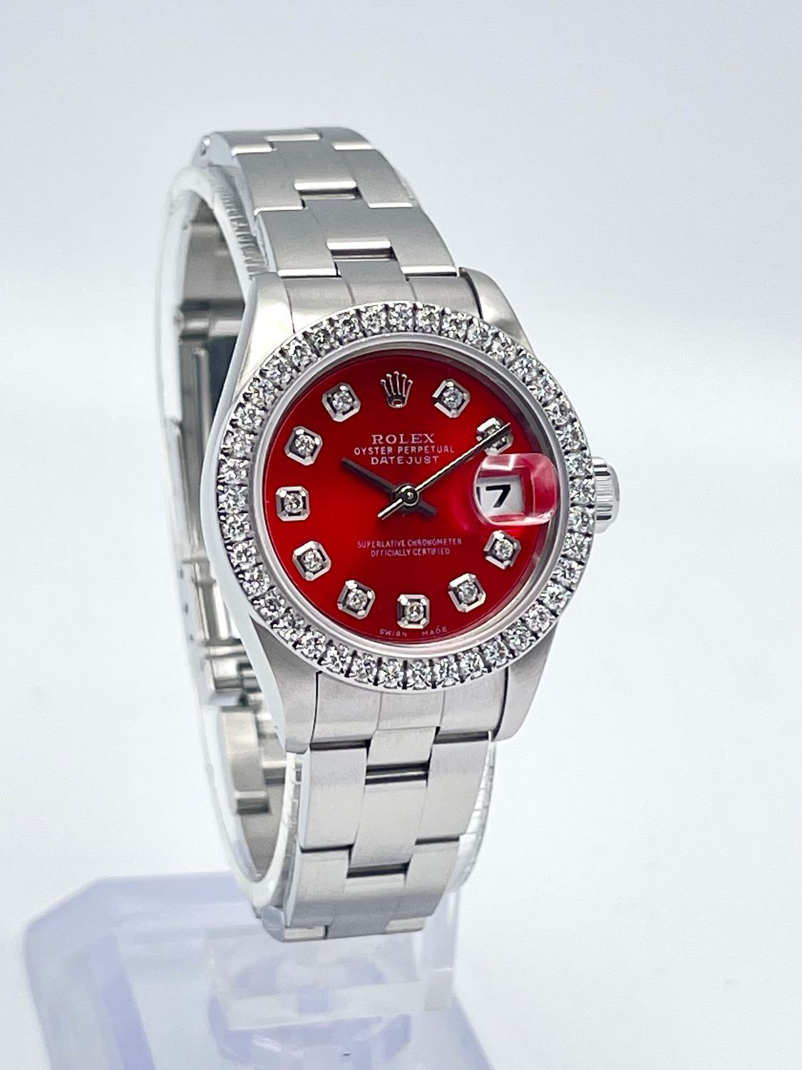 Rolex Datejust Ladies 26mm 69174 Red Dial Diamond Bezel Oyster Papers