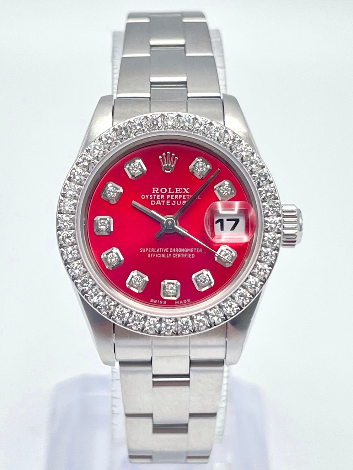 Rolex Datejust Ladies 26mm 69174 Red Dial Diamond Bezel Box Oyster
