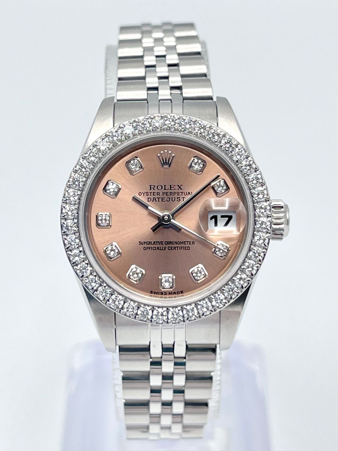 Ladies Rolex Datejust 26mm 79174 Factory Salmon Diamond Dial Diamond Bezel
