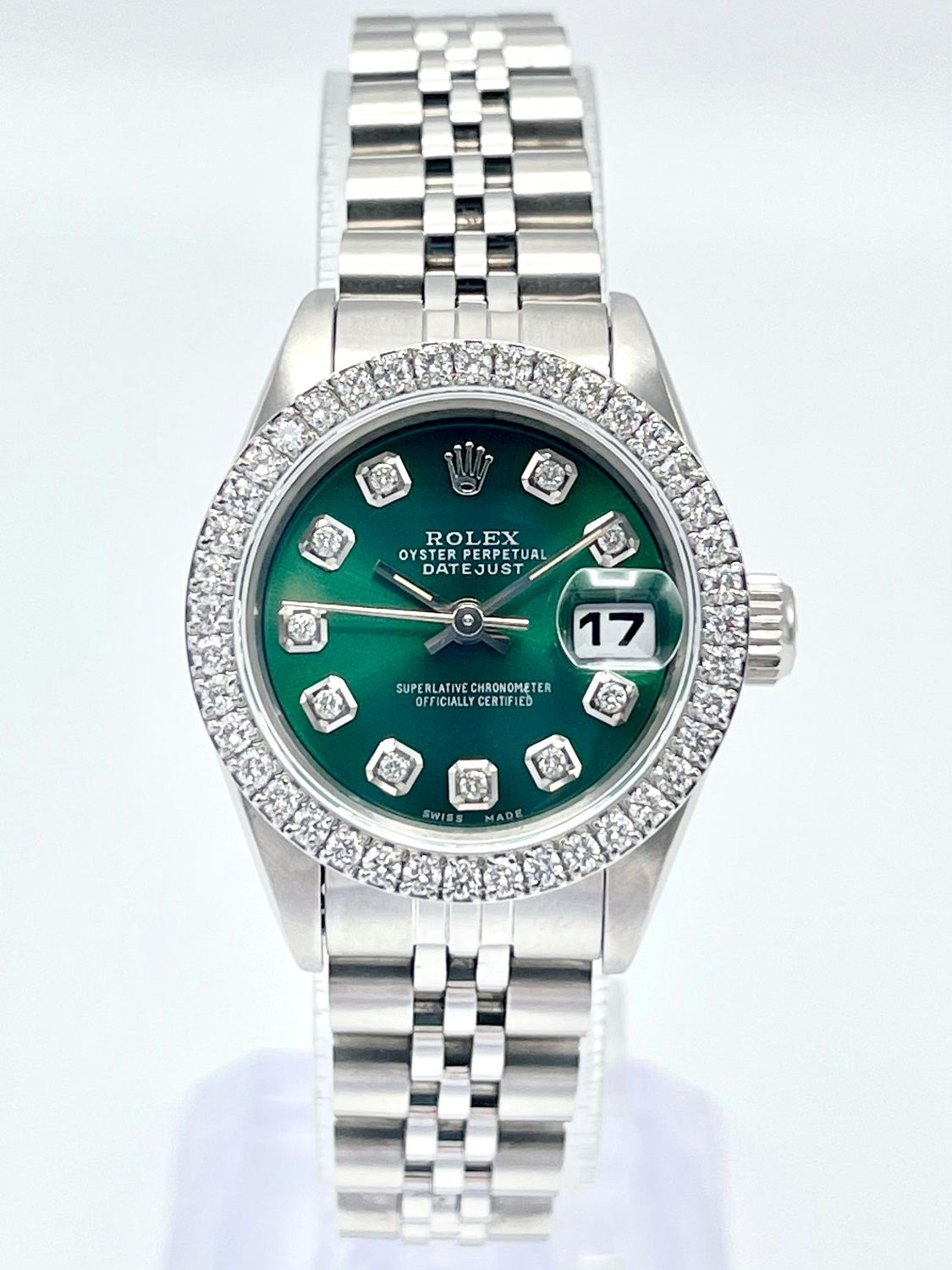 Rolex Datejust Ladies 26mm 69174 Green Dial Diamond Bezel Box Jubilee