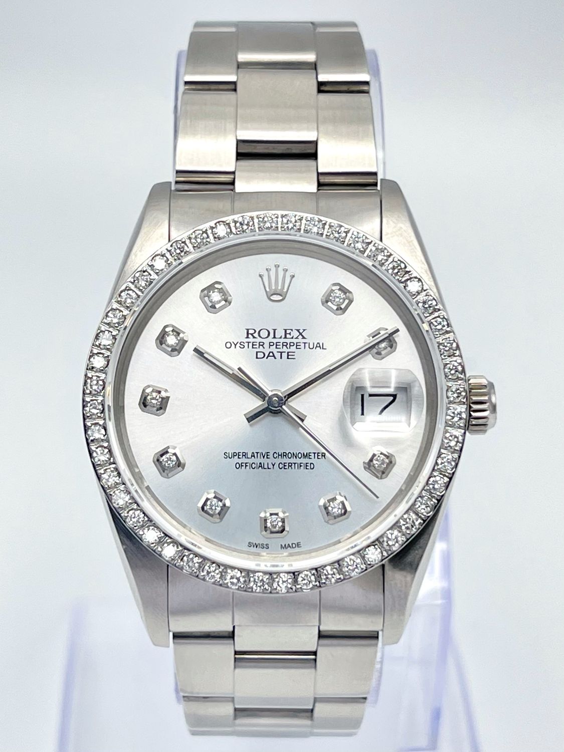 Rolex Oyster Date 34mm 15010 Silver Diamond Dial &amp; Diamond Bezel Datejust Box