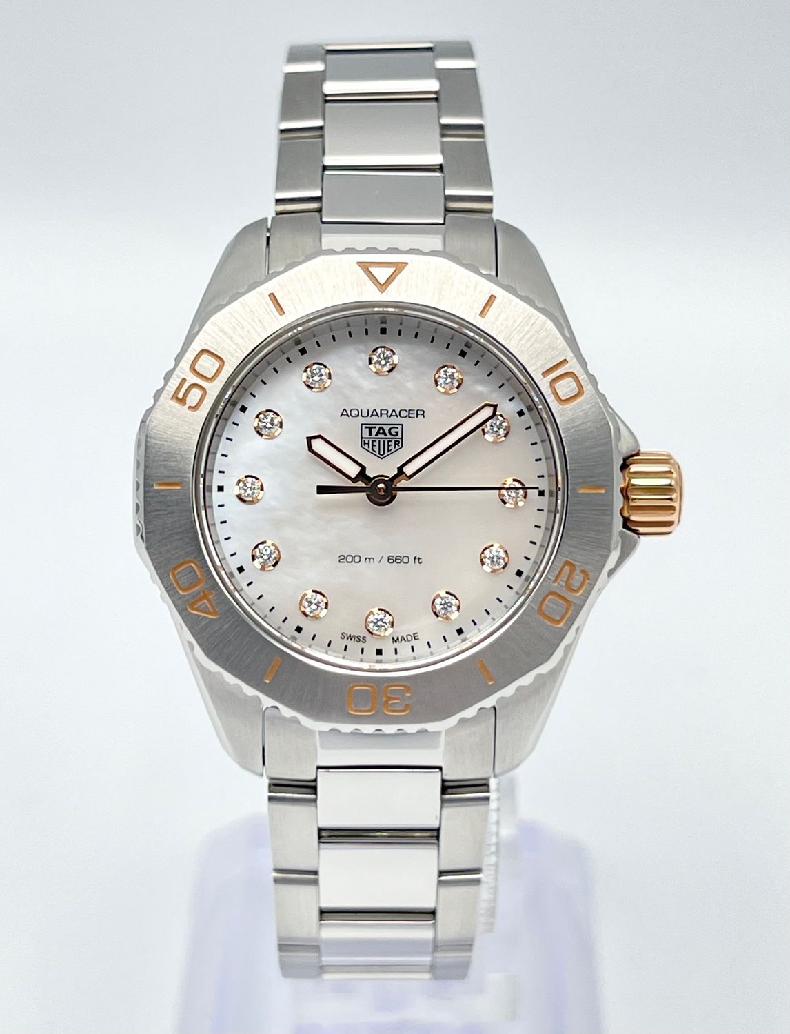 Tag Heuer Aquaracer WBP1450 30mm White MOP Diamond Dial Quartz Rose Gold Papers