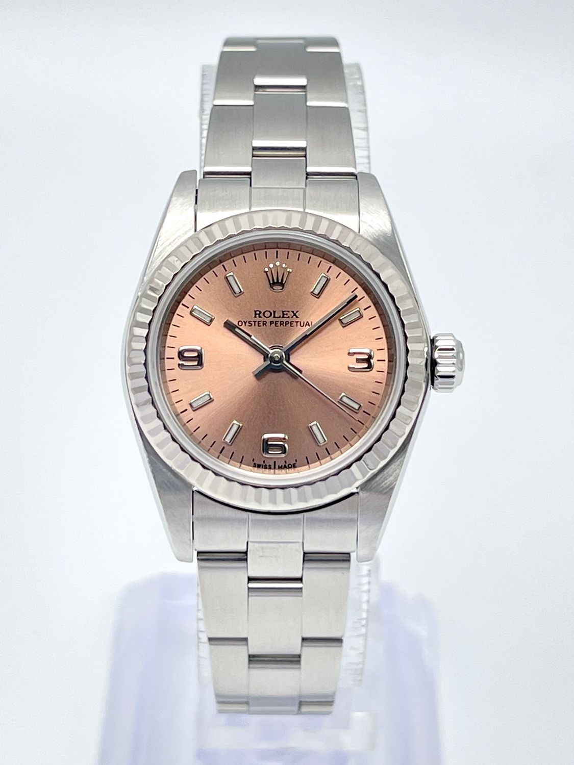 Ladies Rolex Oyster Perpetual 76094 24mm Pink Salmon Dial 3 6 9 Fluted Bezel Box