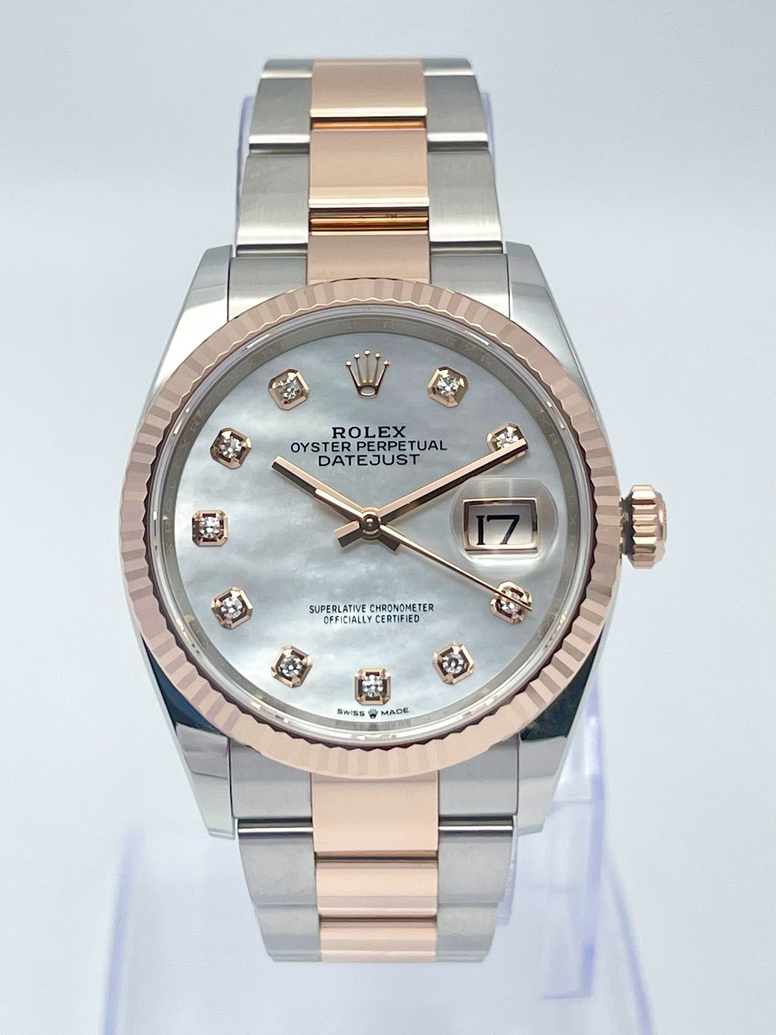 Rolex Datejust 126231 36mm Everose Gold Two Tone MOP Diamond Dial Fluted Papers