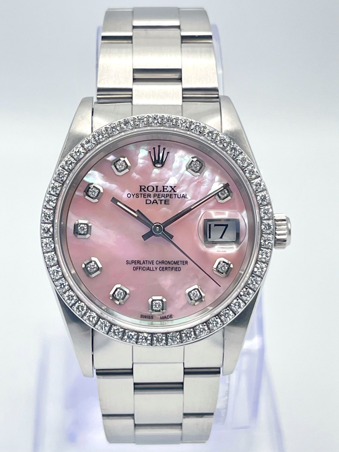 Rolex Oyster Date 34mm 15210 Pink MOP Diamond Dial &amp; Diamond Bezel Datejust Box