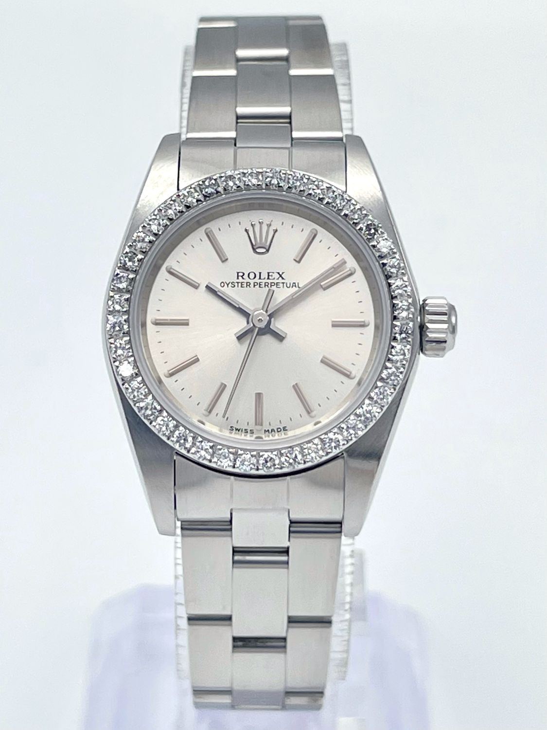 Rolex Oyster Perpetual 76080 24mm Silver Batton Dial Diamond Bezel Box