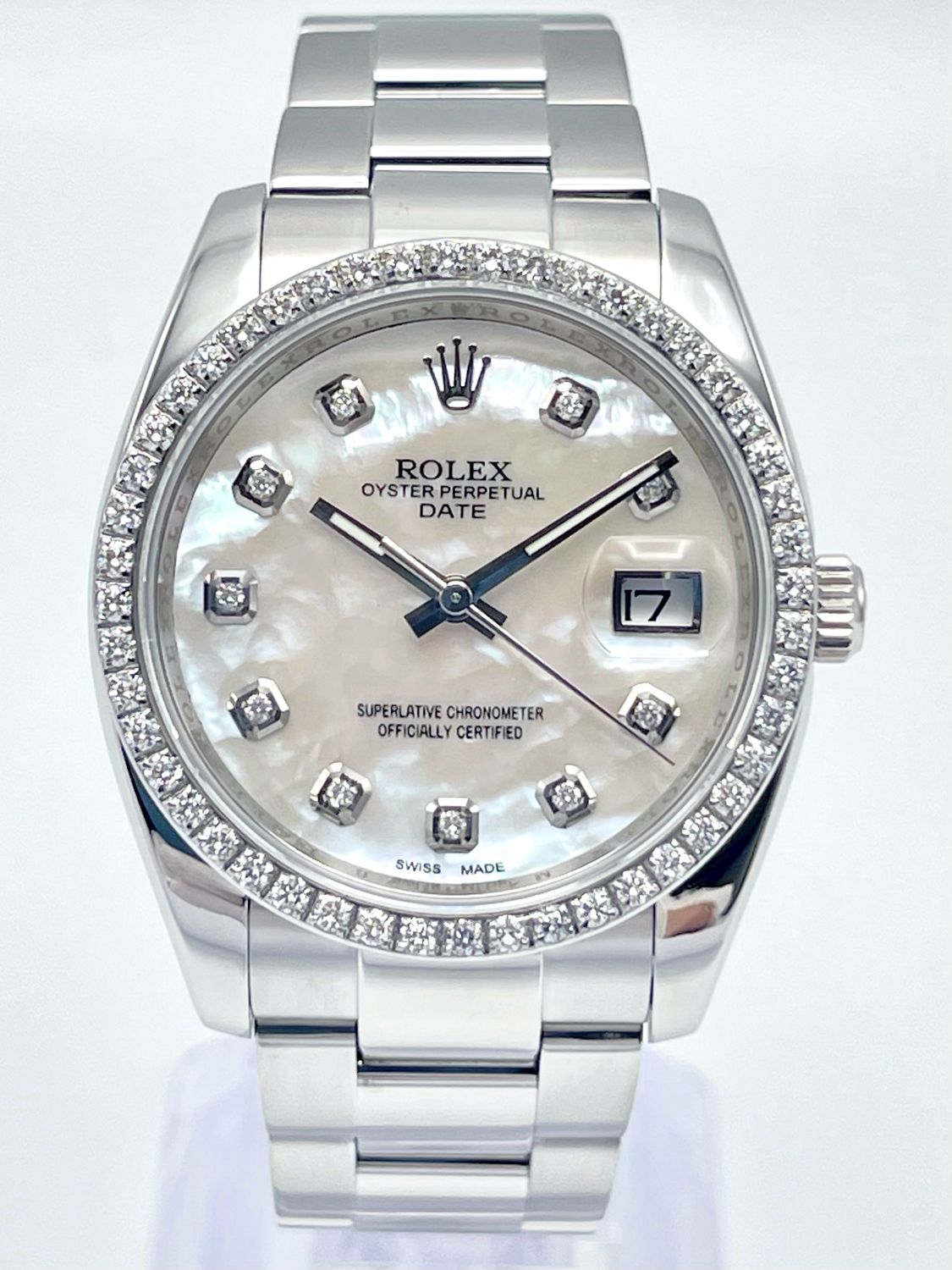 Rolex Oyster Date 34mm 115200 MOP Diamond Dial &amp; Diamond Bezel Datejust Papers