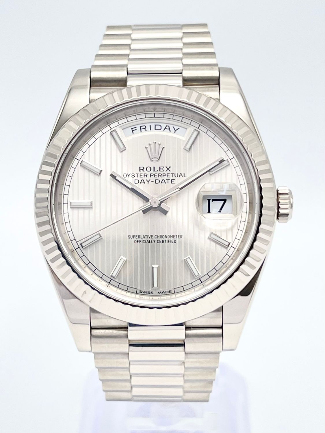 Rolex DayDate 40mm 228239 18ct White Gold Silver Motif Dial President Papers