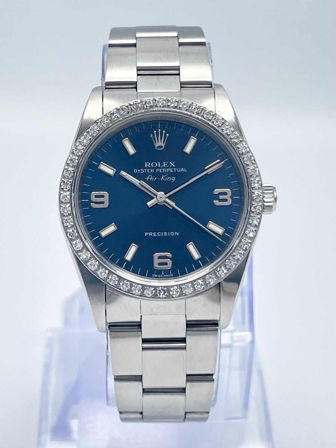 Rolex Air-King 14000M 34mm Blue Arabic Numeral Dial Diamond Bezel Box