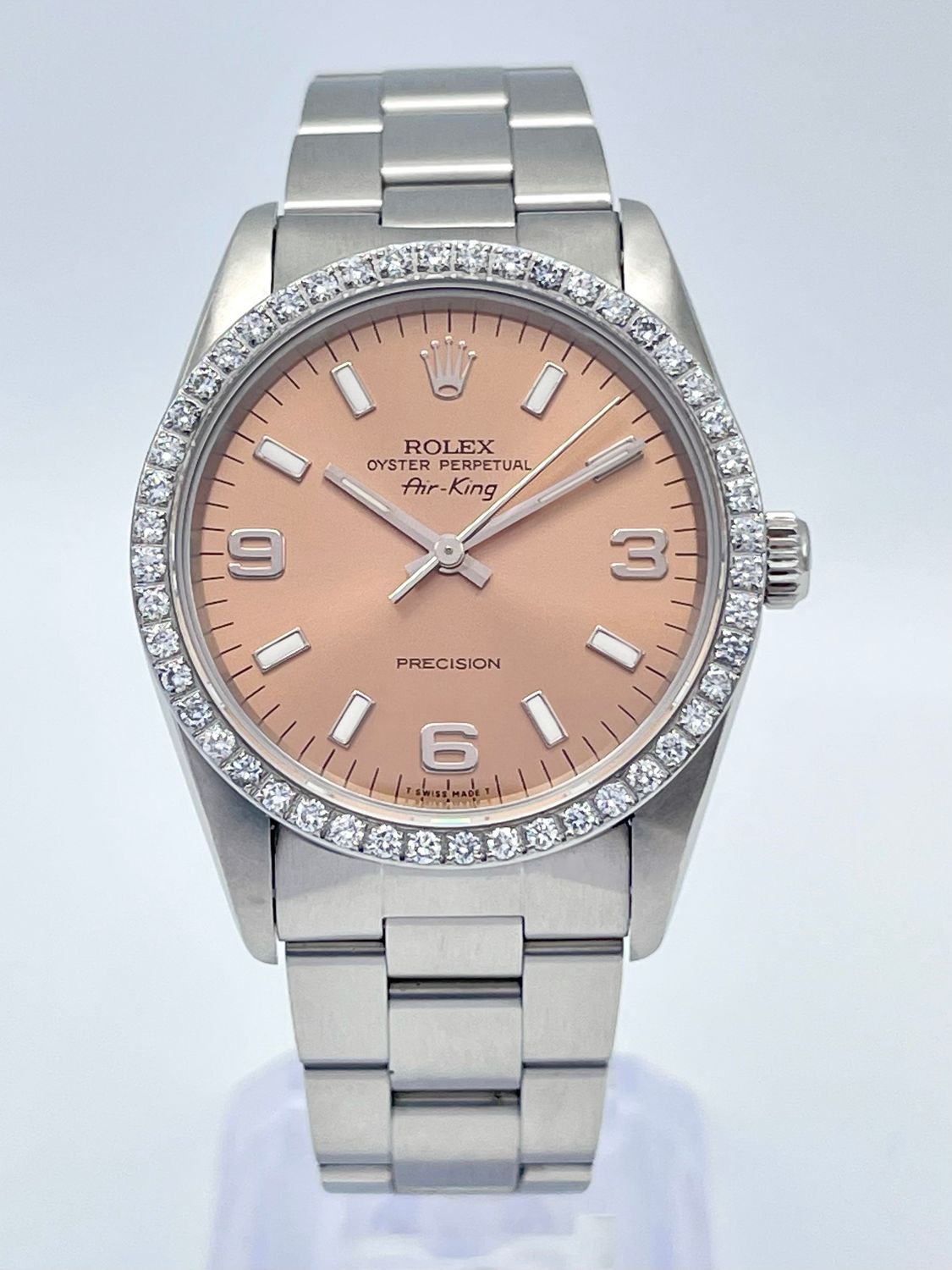 Rolex Air-King 14010 34mm Pink Salmon Arabic Numeral Dial Diamond Bezel Box