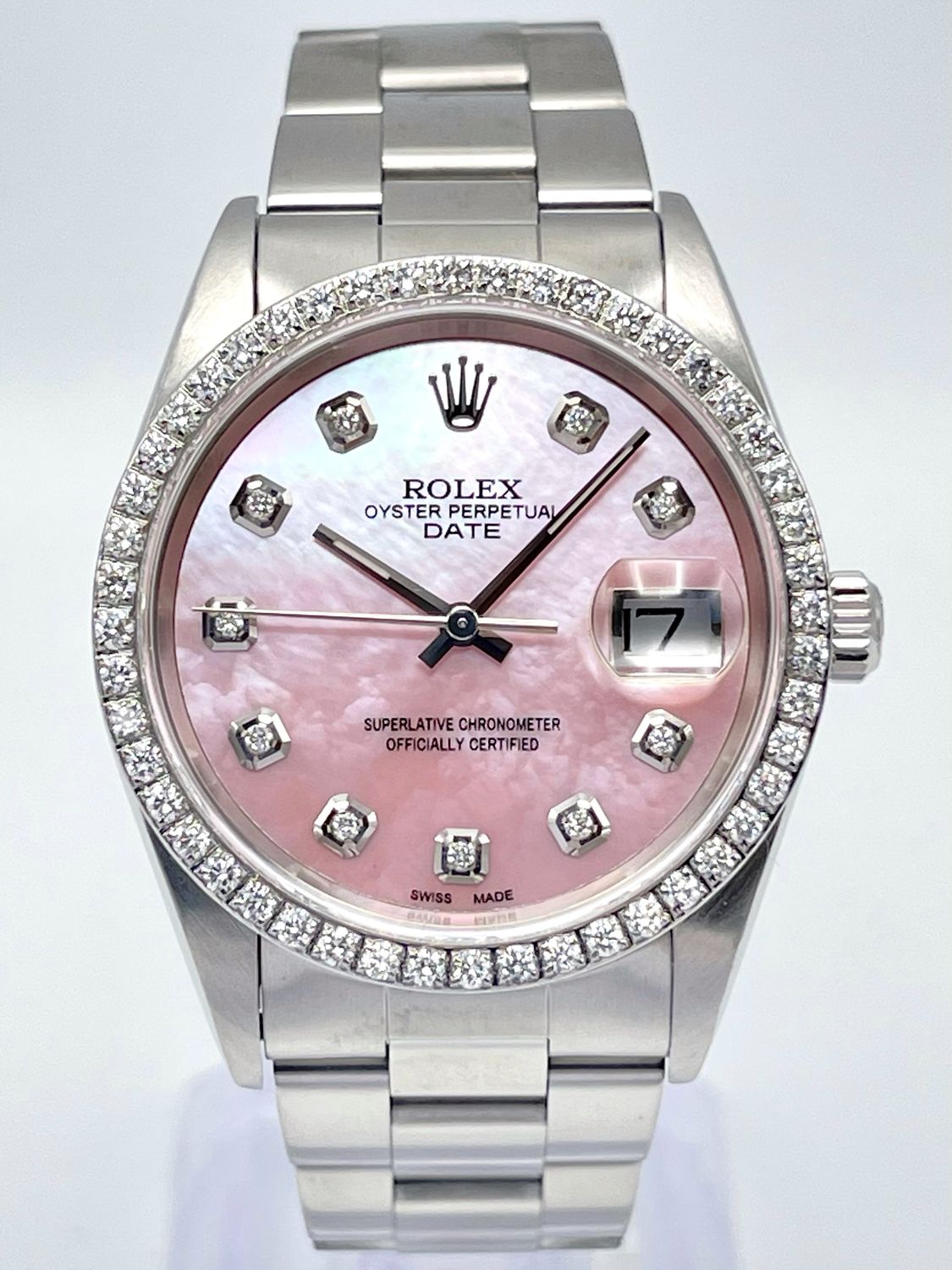 Rolex Oyster Date 34mm 15200 Pink MOP Diamond Dial &amp; Diamond Bezel Datejust Box