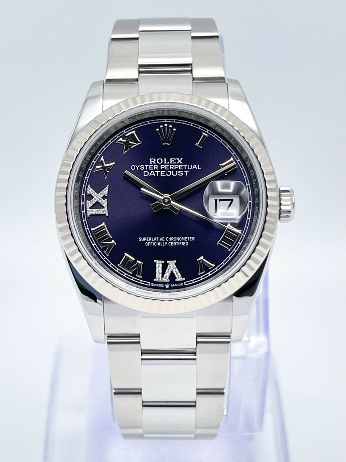 Rolex Datejust 126234 36mm Purple Aubergine Roman Diamond Dial Fluted Papers