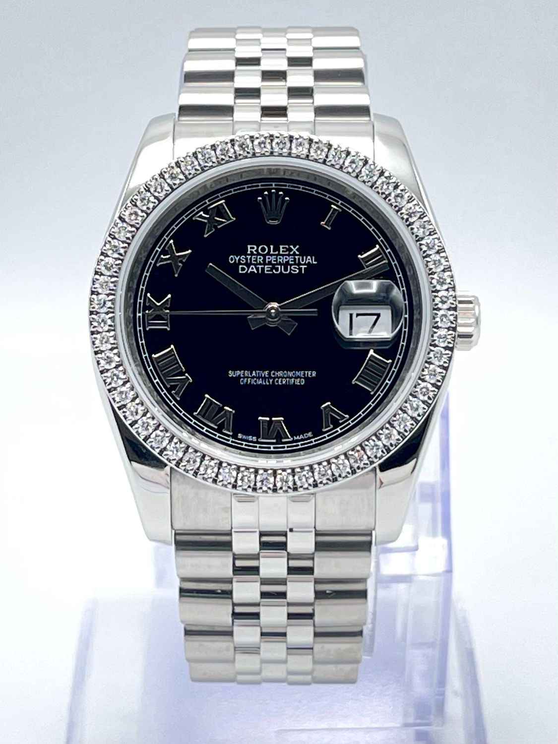 Rolex Datejust 116234 36mm Black Roman Dial Diamond Bezel Jubilee Box