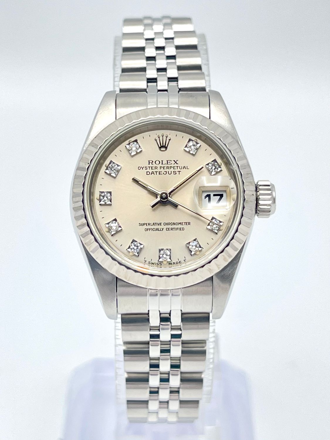 Rolex Datejust 26mm 69174 Factory Silver Diamond Dial Fluted Bezel Jubilee Box