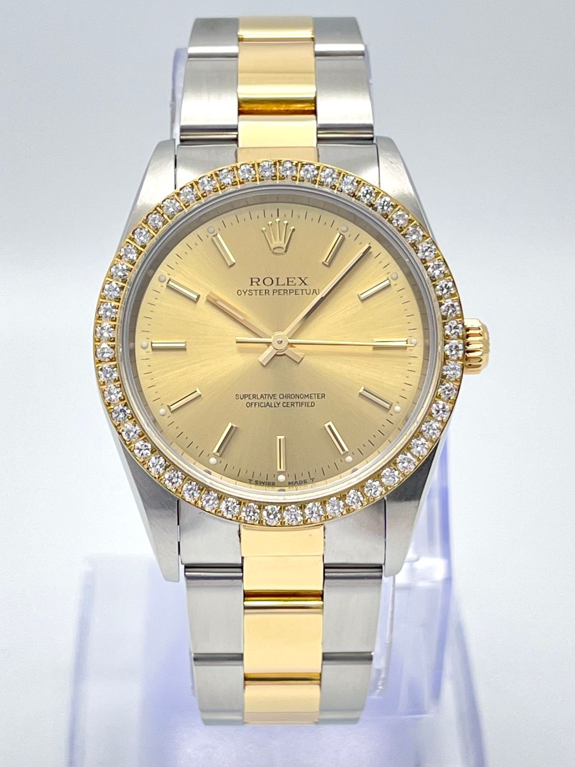 Rolex Oyster Perpetual 34mm 14233 Champagne Dial Diamond Bezel Two Tone Box