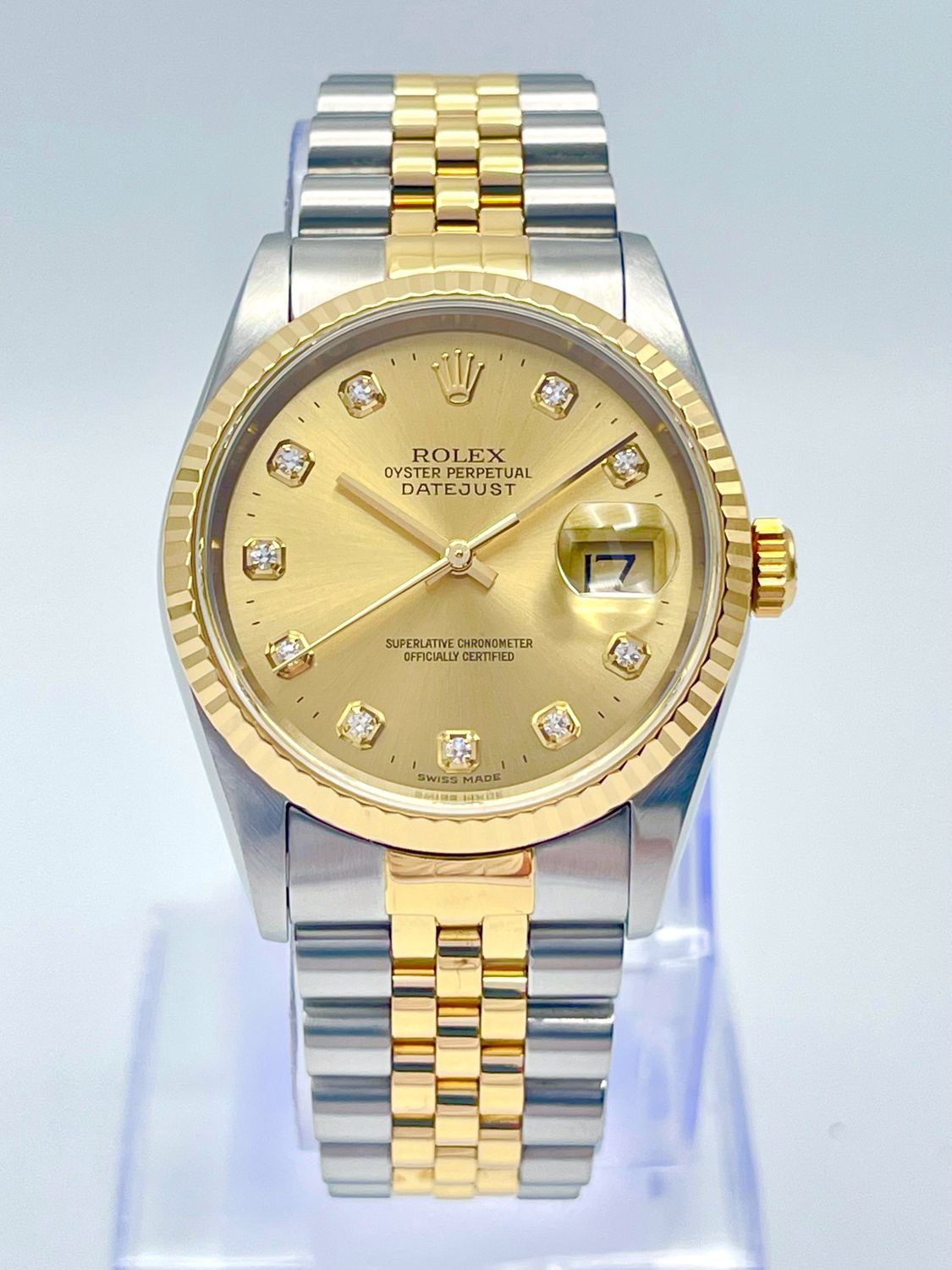 Rolex Datejust 16233 36mm Factory Champagne Diamond Dial Jubilee Fluted Papers