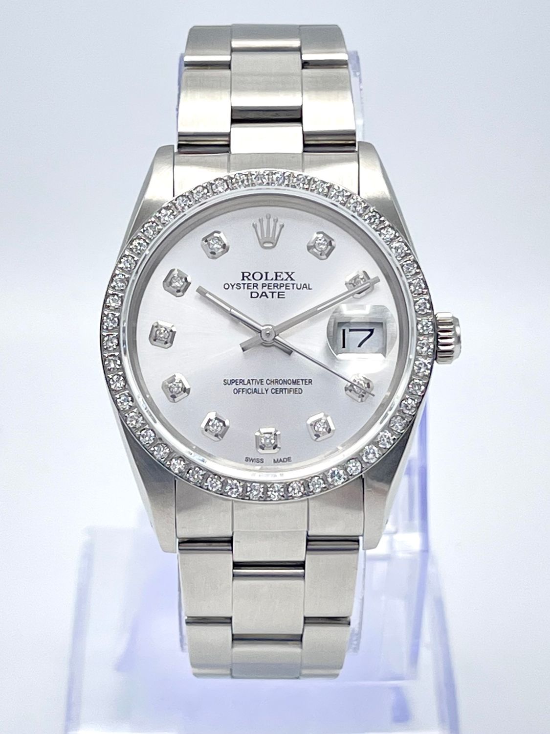 Rolex Oyster Date 34mm 15010 Silver Diamond Dial &amp; Diamond Bezel Datejust Box