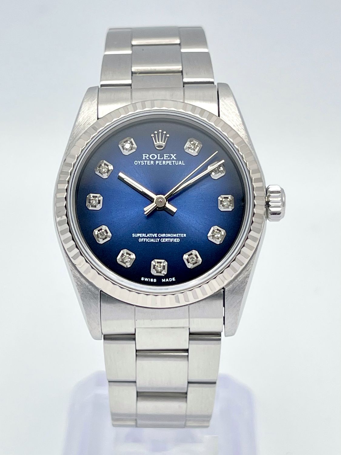 Ladies Rolex Oyster Perpetual 31mm 67514 Blue Vignette Diamond Dial Fluted Box
