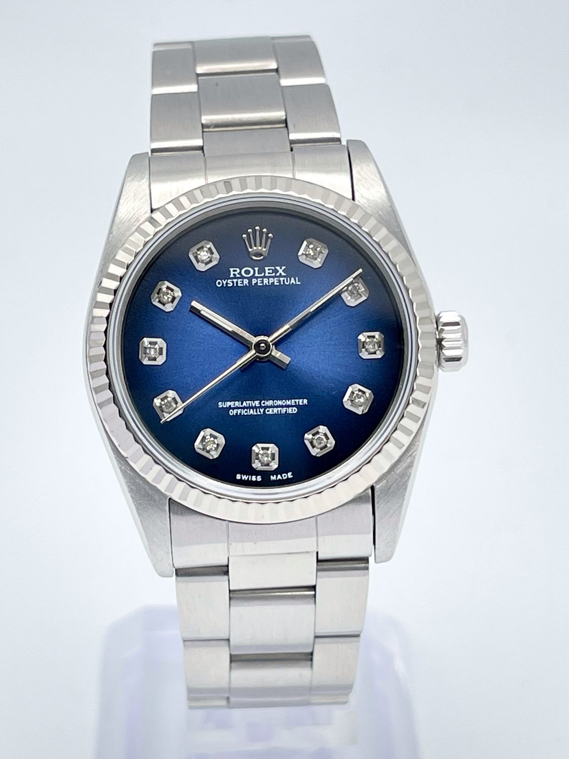 Ladies Rolex Oyster Perpetual 31mm 67514 Blue Vignette Diamond Dial Fluted Box