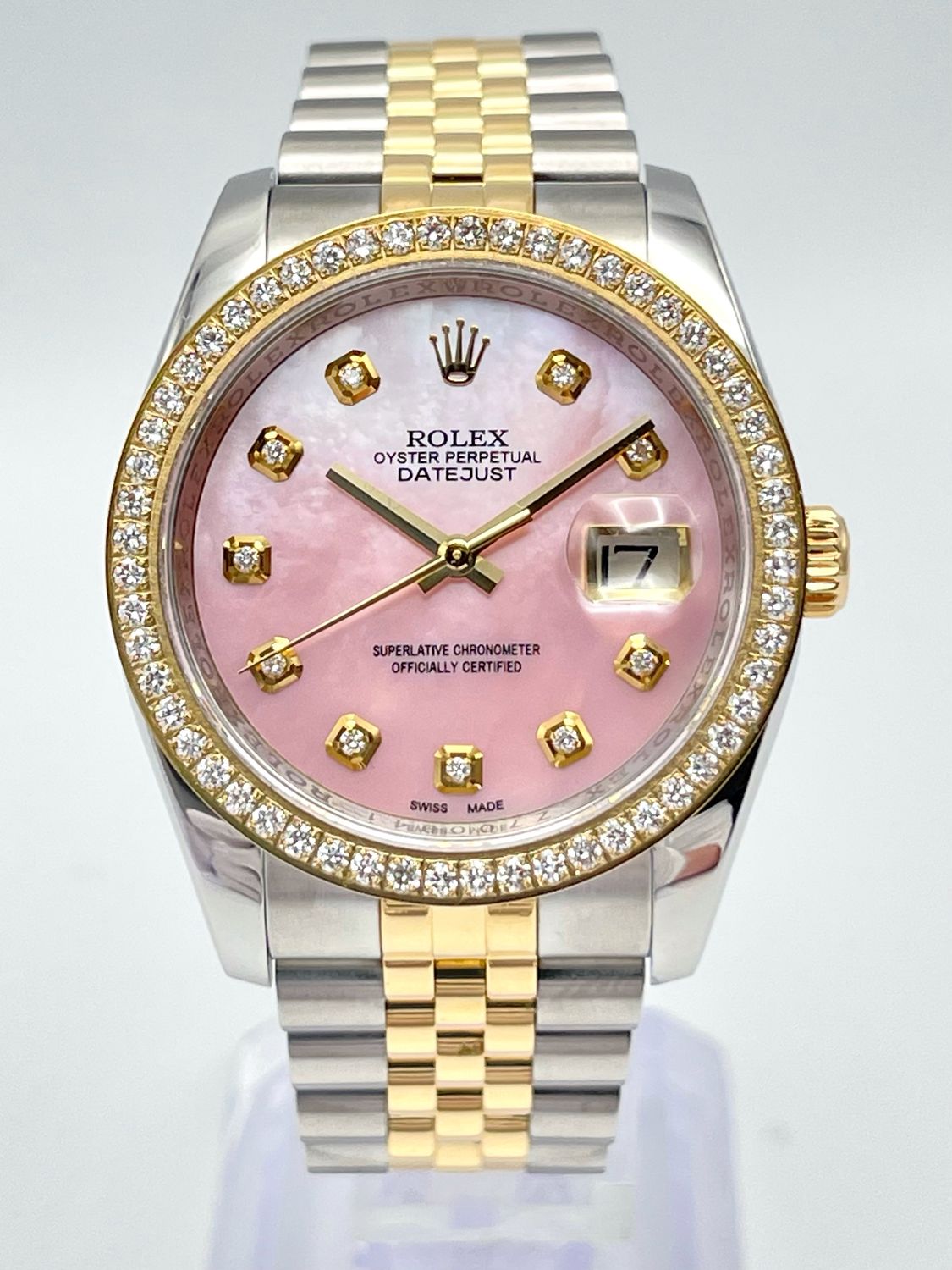 Rolex Datejust 116203 36mm Pink MOP Diamond Dial Jubilee Diamond Bezel Papers