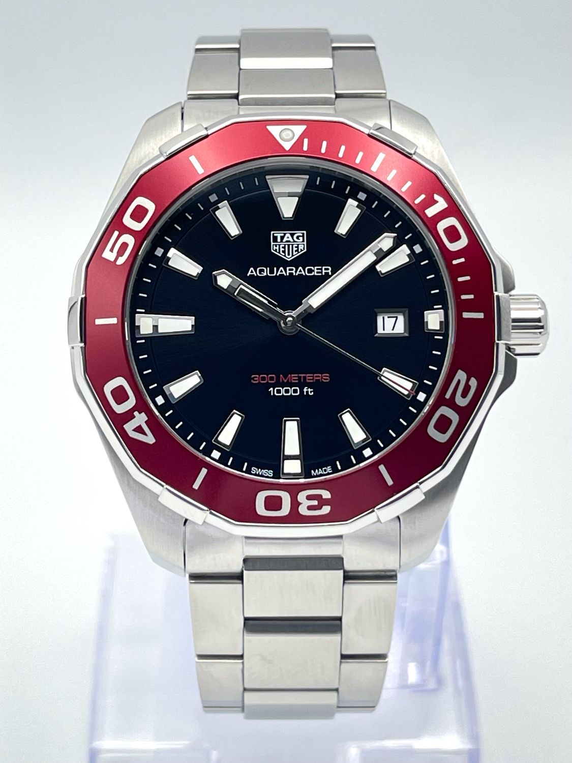 Tag Heuer Aquaracer 43mm WAY101B Black Dial Red Bezel Quartz Papers