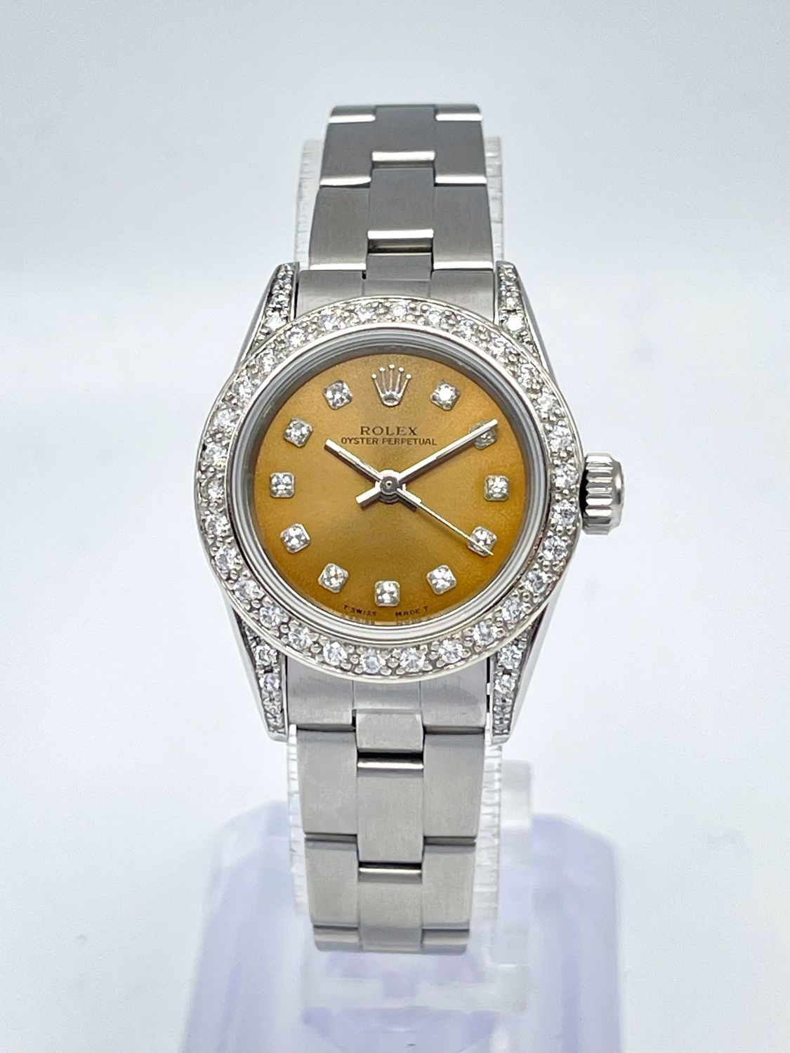 Rolex Oyster Perpetual 67180 24mm Salmon Dial Diamond Bezel Diamond Lugs Box
