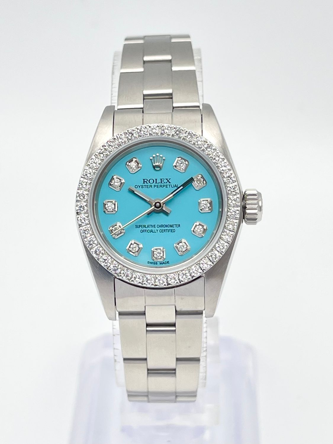Rolex Oyster Perpetual 67180 24mm Blue Diamond Dial Diamond Bezel Box