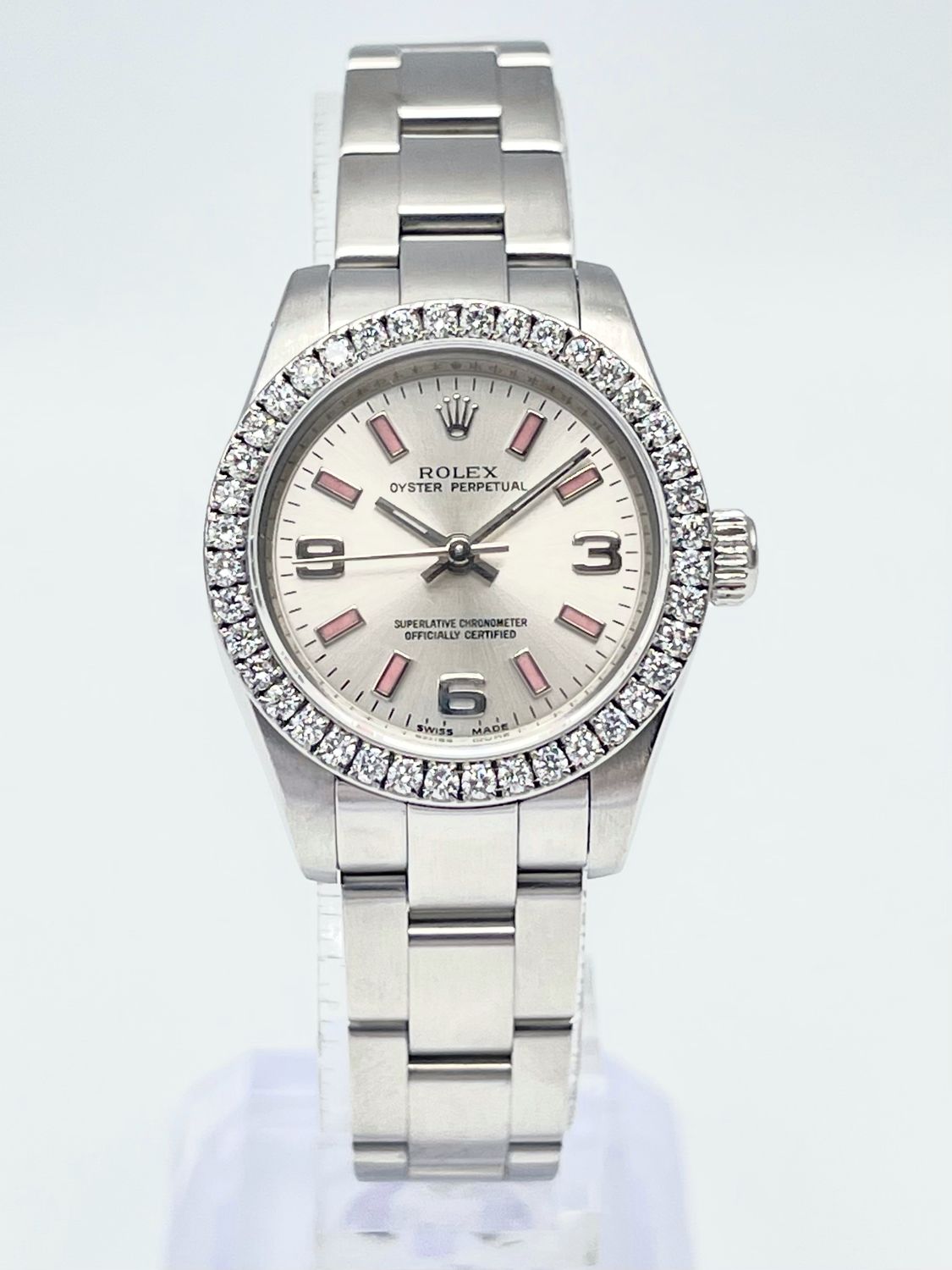 Rolex Datejust Ladies 26mm 176200 Silver Pink Batton Arabic Dial Diamond Bezel