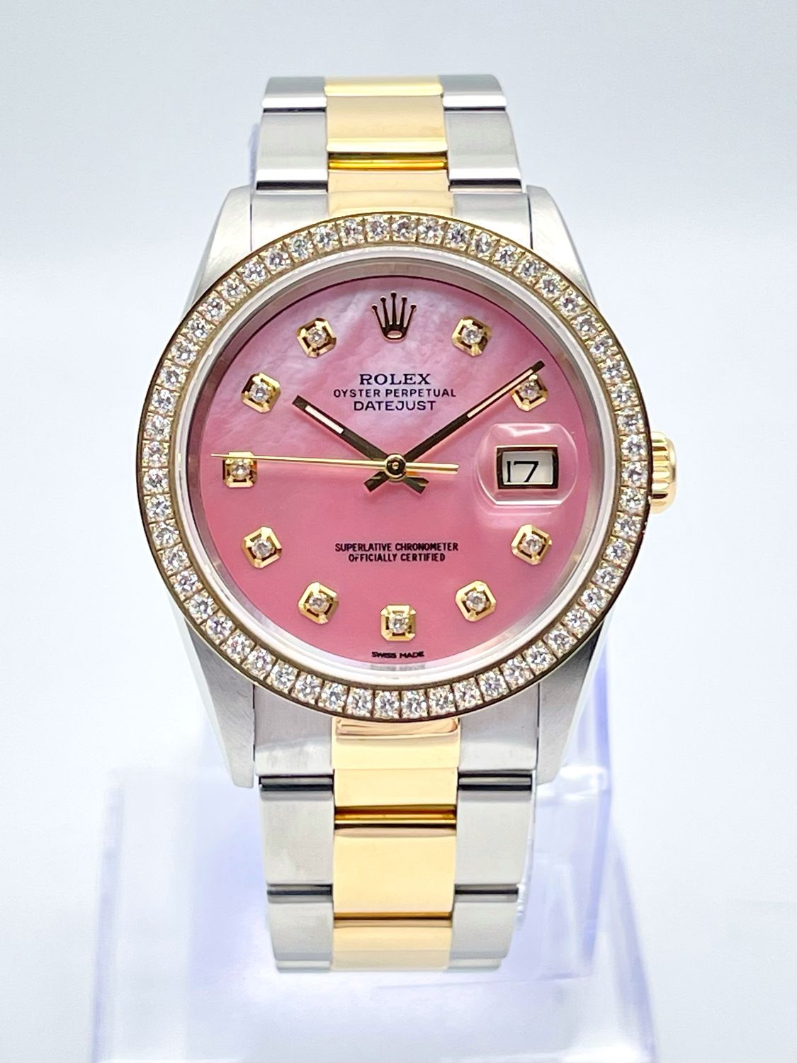 Rolex Datejust 16263 36mm Two Tone Pink MOP Diamond Dial Diamond Bezel Papers