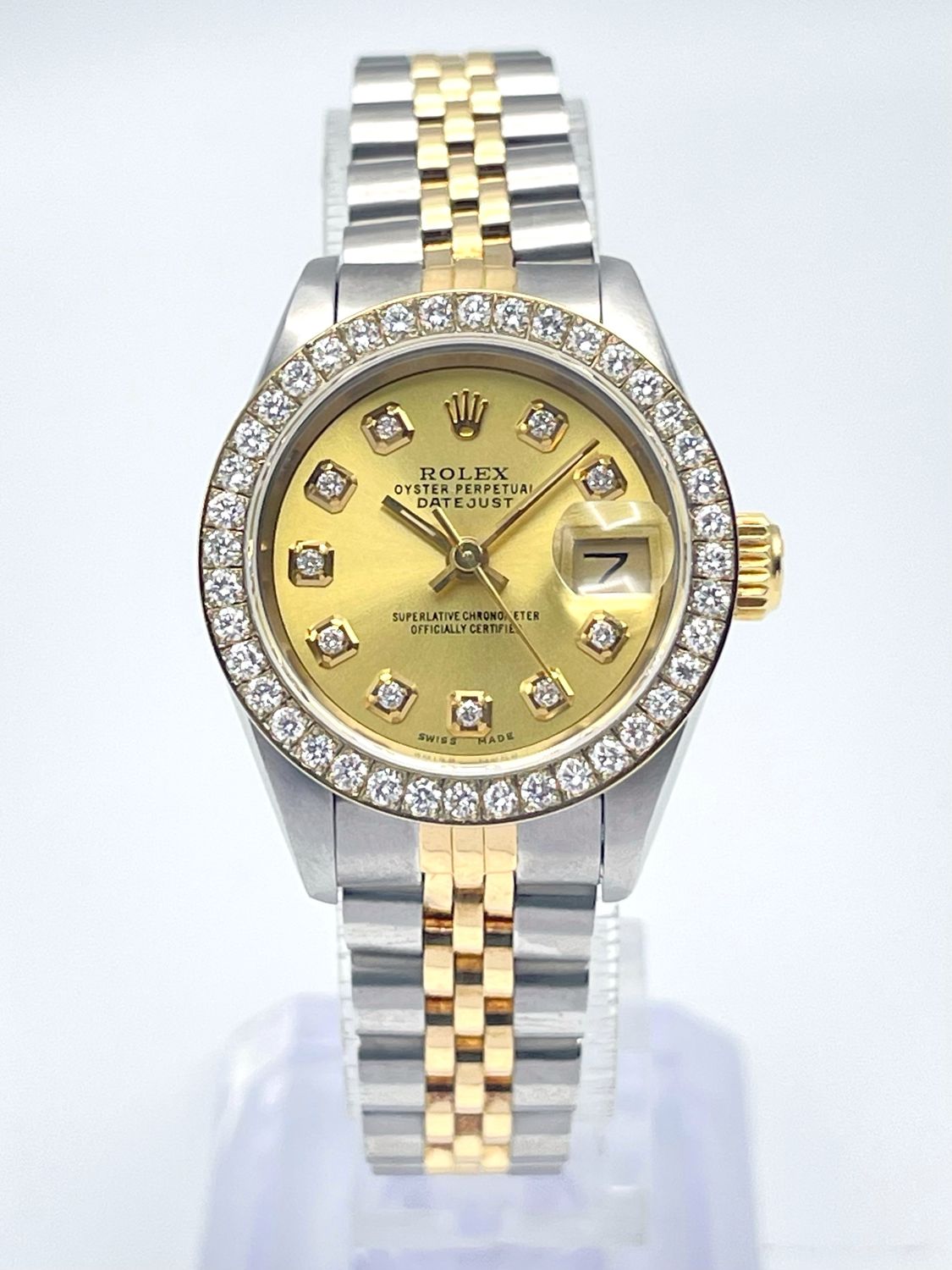 Rolex Datejust 26mm 69173 Champagne Diamond Dial Diamond Bezel Two Tone Jubilee Papers