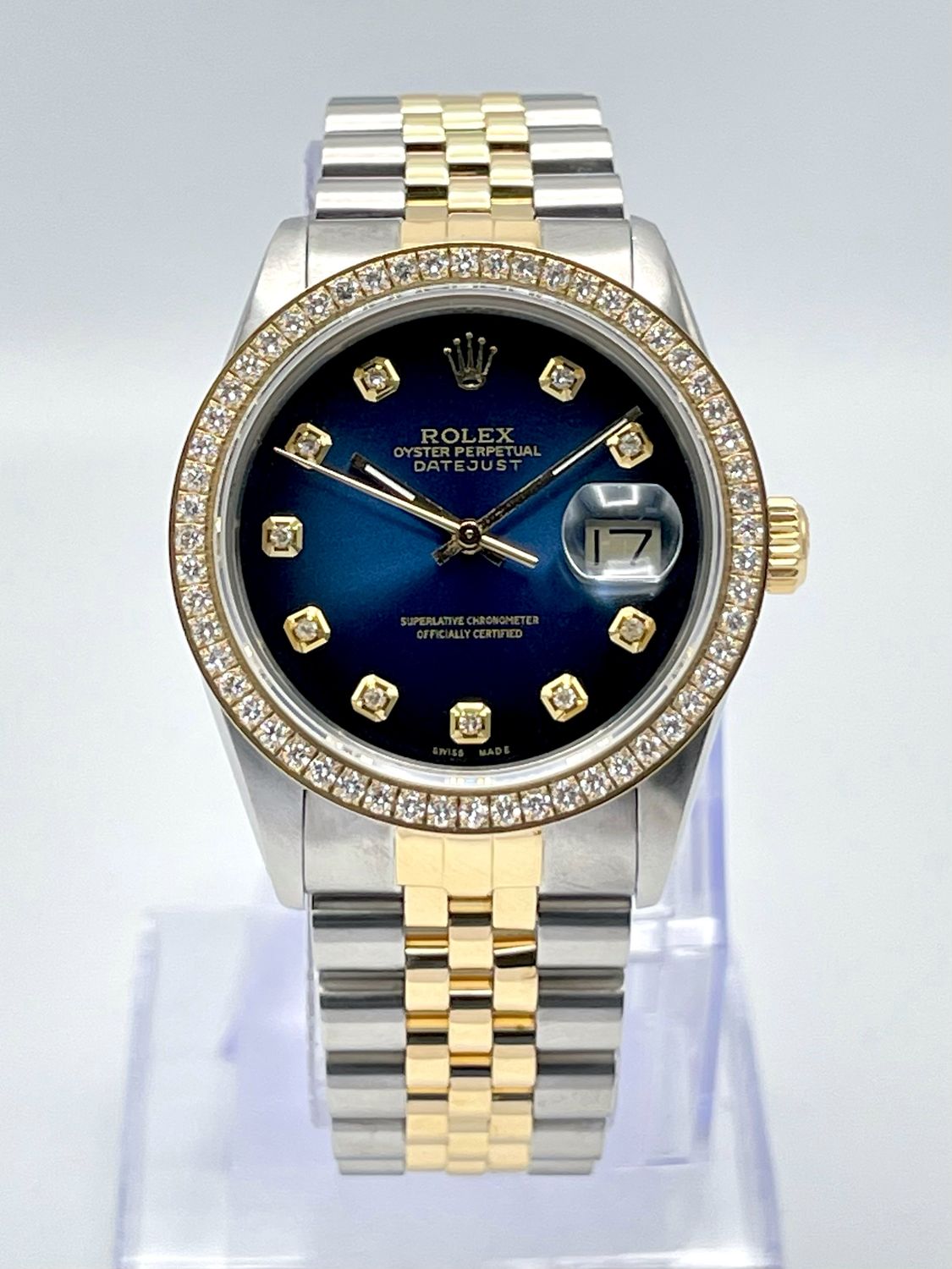 Rolex Datejust 16013 36mm Blue Vignette Diamond Dial Diamond Bezel Two Tone Box