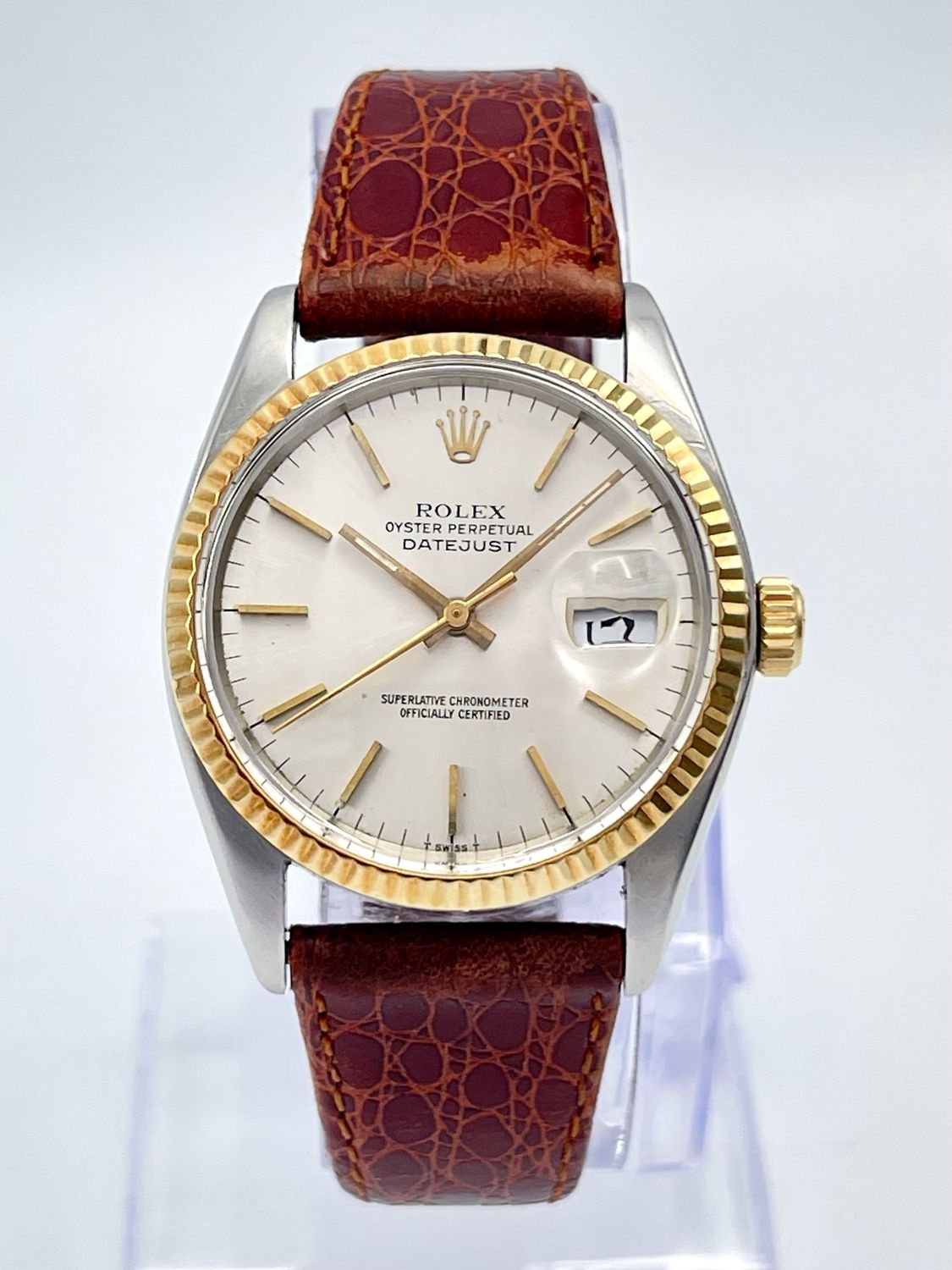 Rolex Datejust 16013 36mm Silver Baton Dial Gold Fluted Bezel Leather Strap