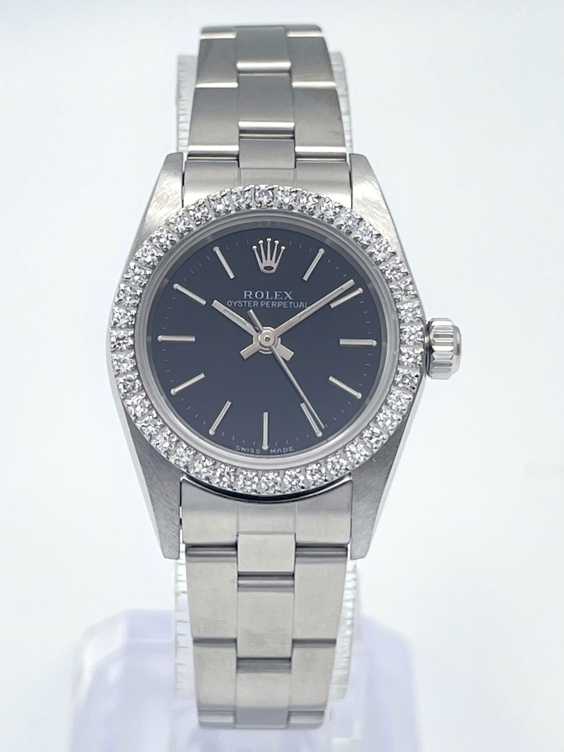 Rolex Oyster Perpetual 76030 24mm Silver Baton Black Dial Diamond Bezel Box