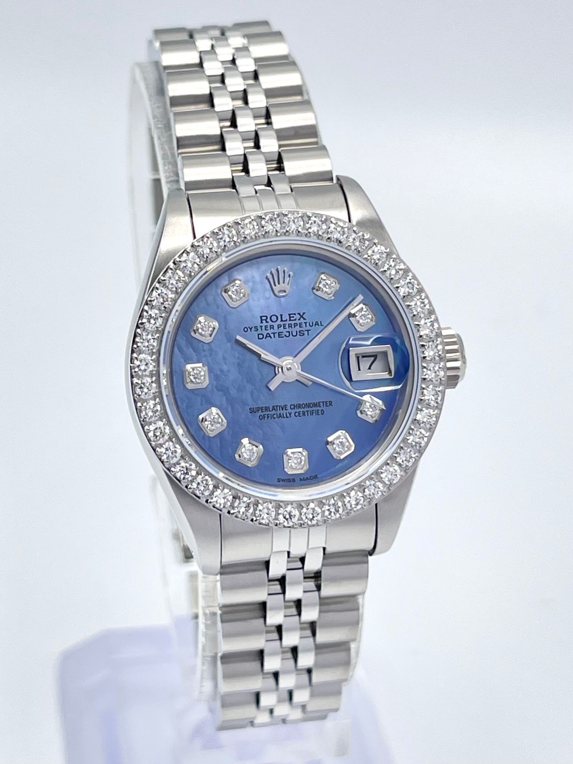 Rolex Datejust Ladies 26mm 69240 Blue MOP Diamond Dial Diamond Bezel Jubilee