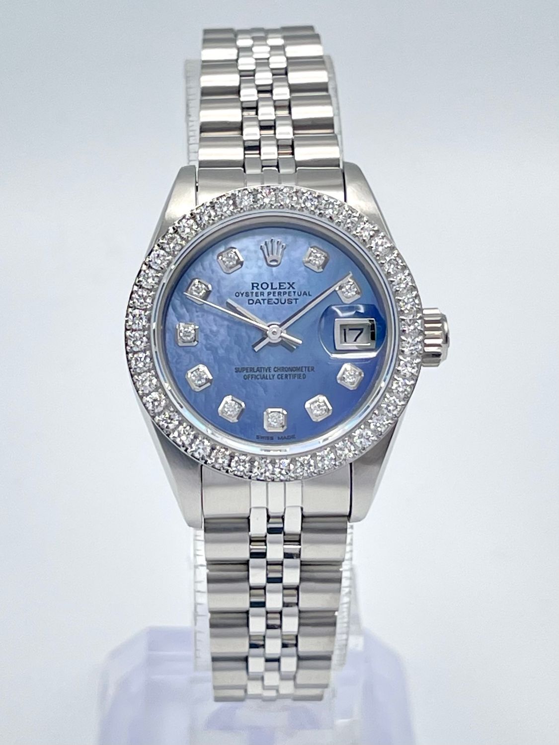Rolex Datejust Ladies 26mm 69240 Blue MOP Diamond Dial Diamond Bezel Jubilee
