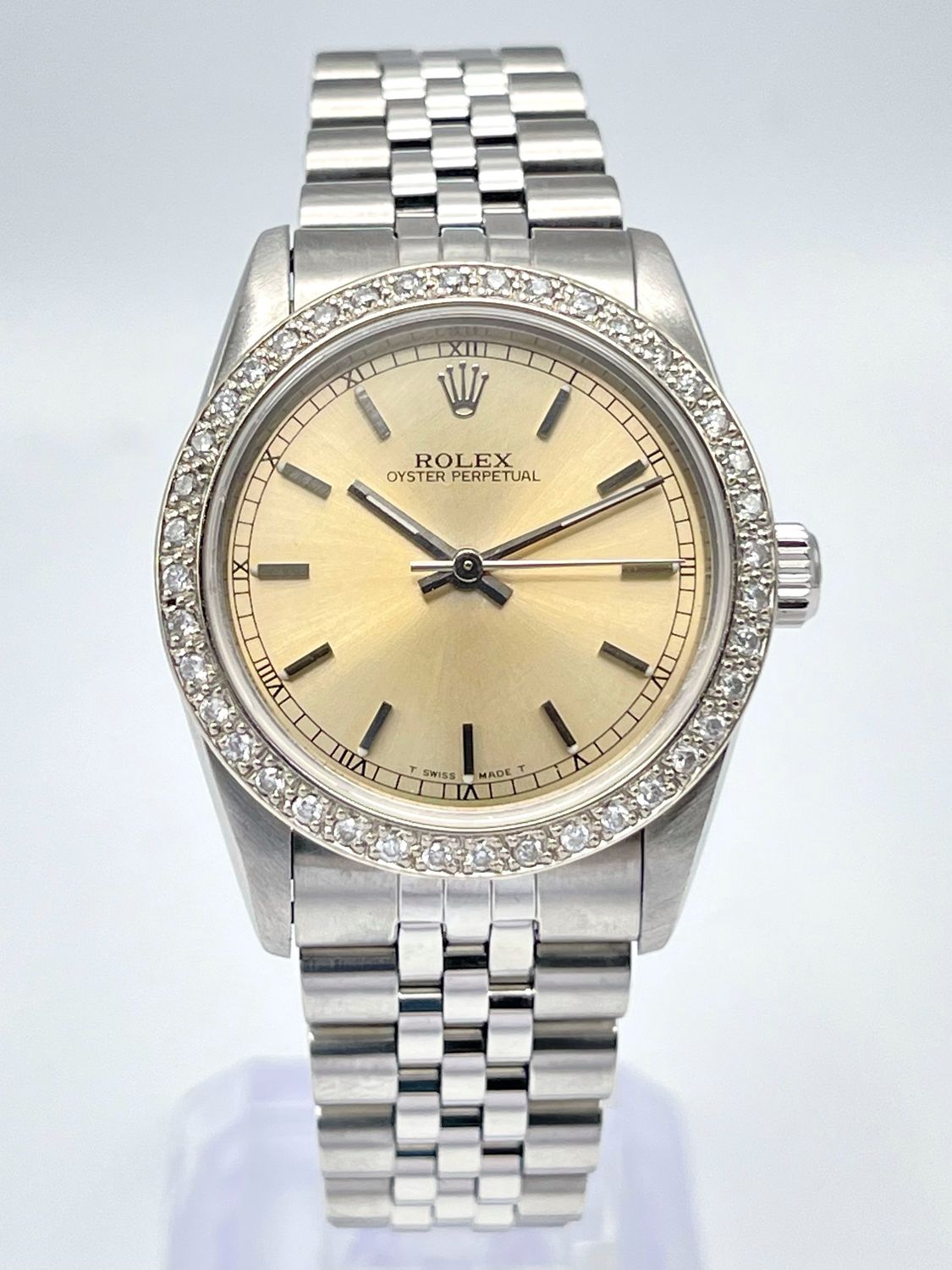 Ladies Rolex OP 31mm 67480 Silver Baton Dial Diamond Bezel Jubilee Box