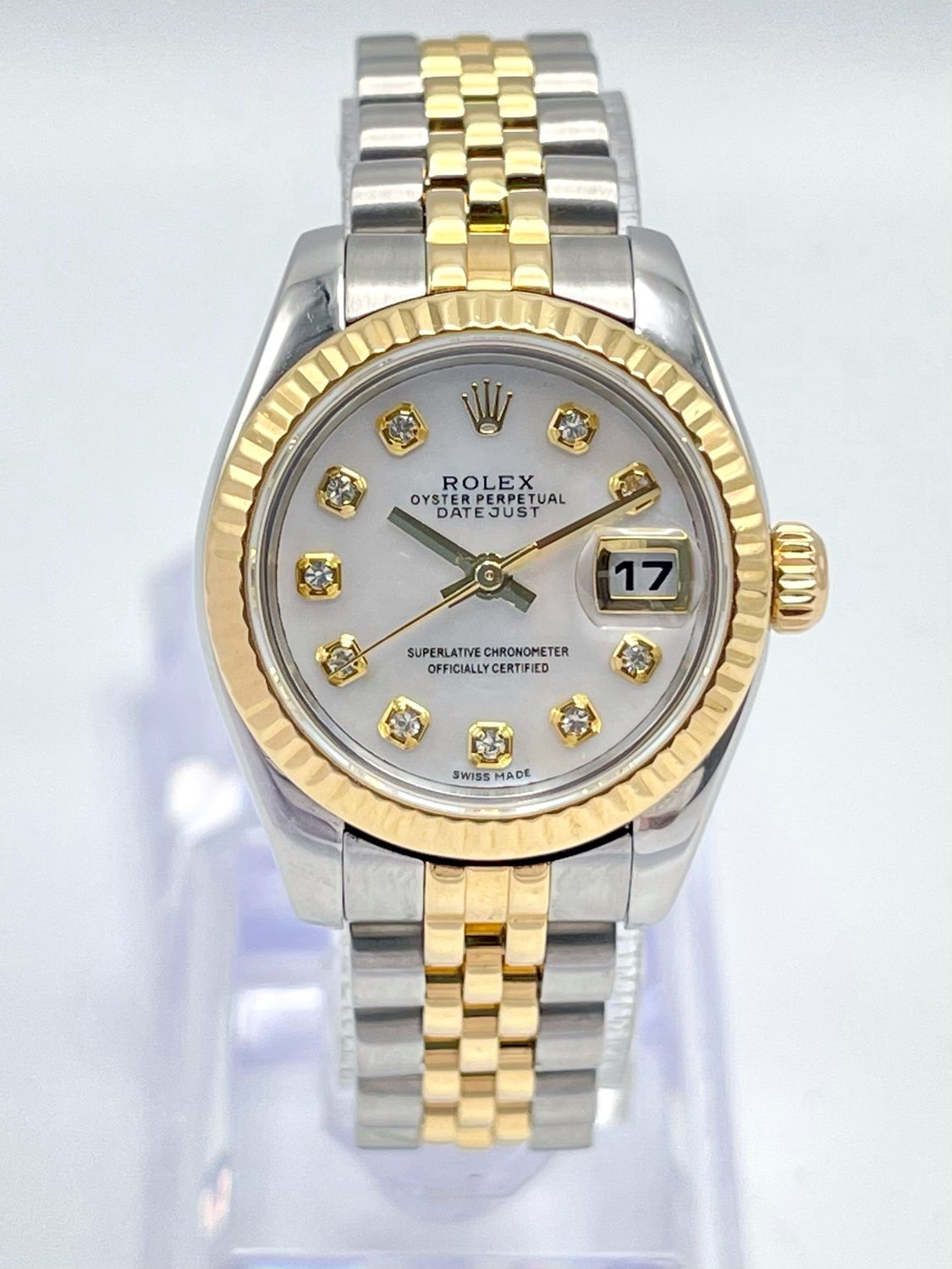 Rolex Datejust 26mm 179173 MOP Diamond Dial Fluted Bezel Two Tone Box