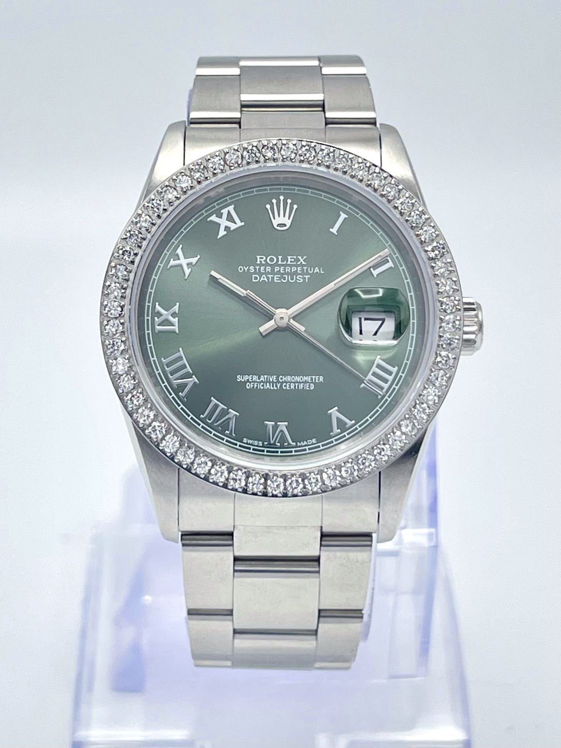 Rolex Datejust 16220 36mm Olive Roman Dial &amp; Diamond Bezel Oyster Bracelet Box