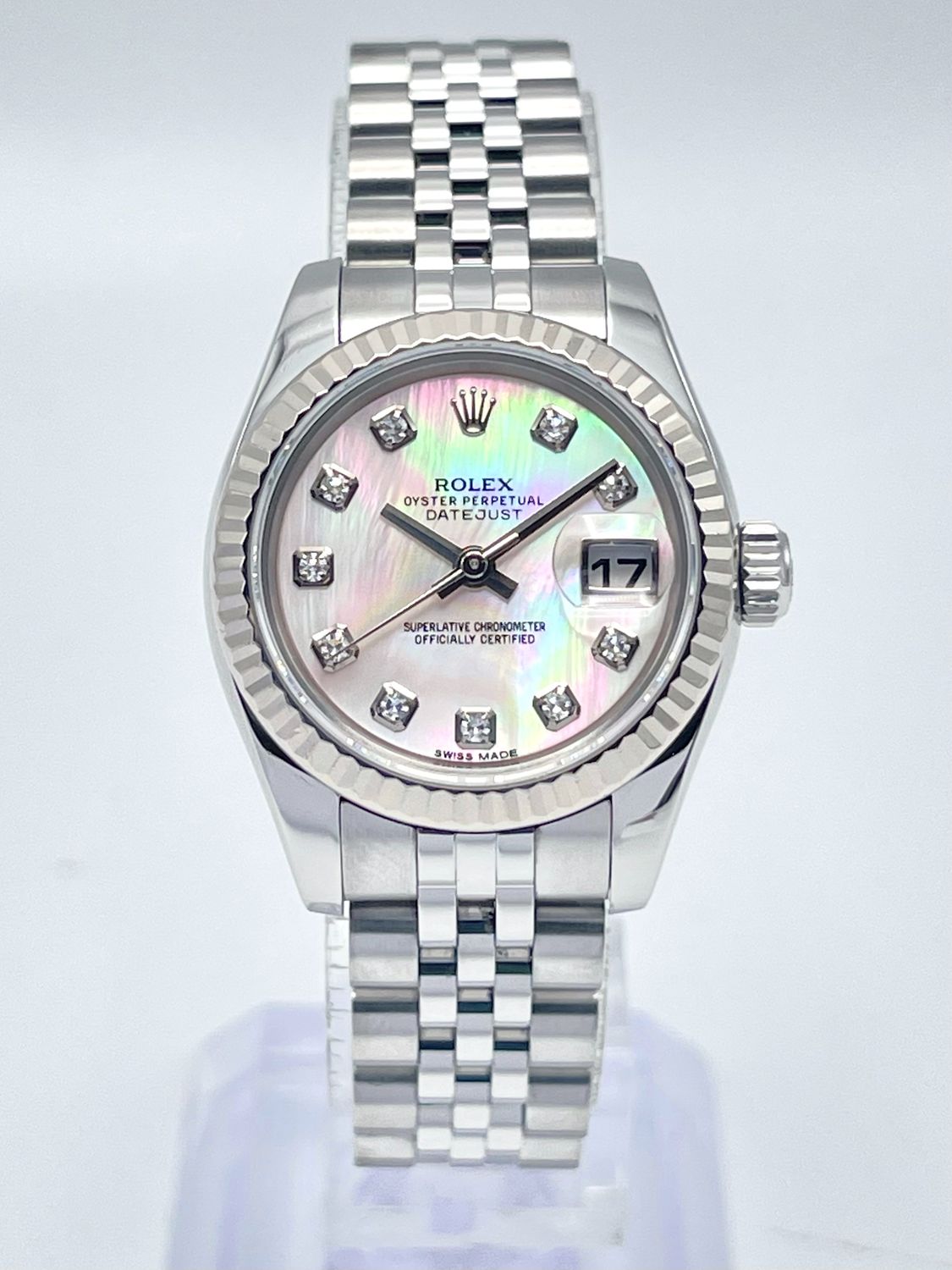 Rolex Datejust 26mm 179174 Factory Pink MOP Diamond Dial Fluted Jubilee Papers